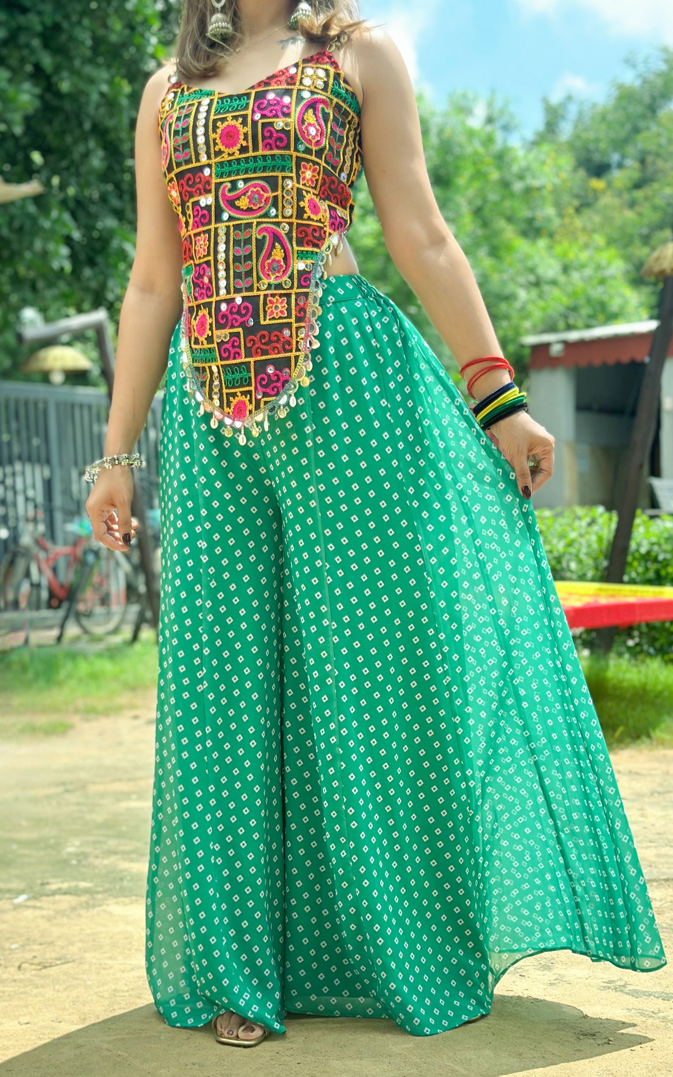 Multicolor Mirrorwork Top With Green Bandhej Sharara
