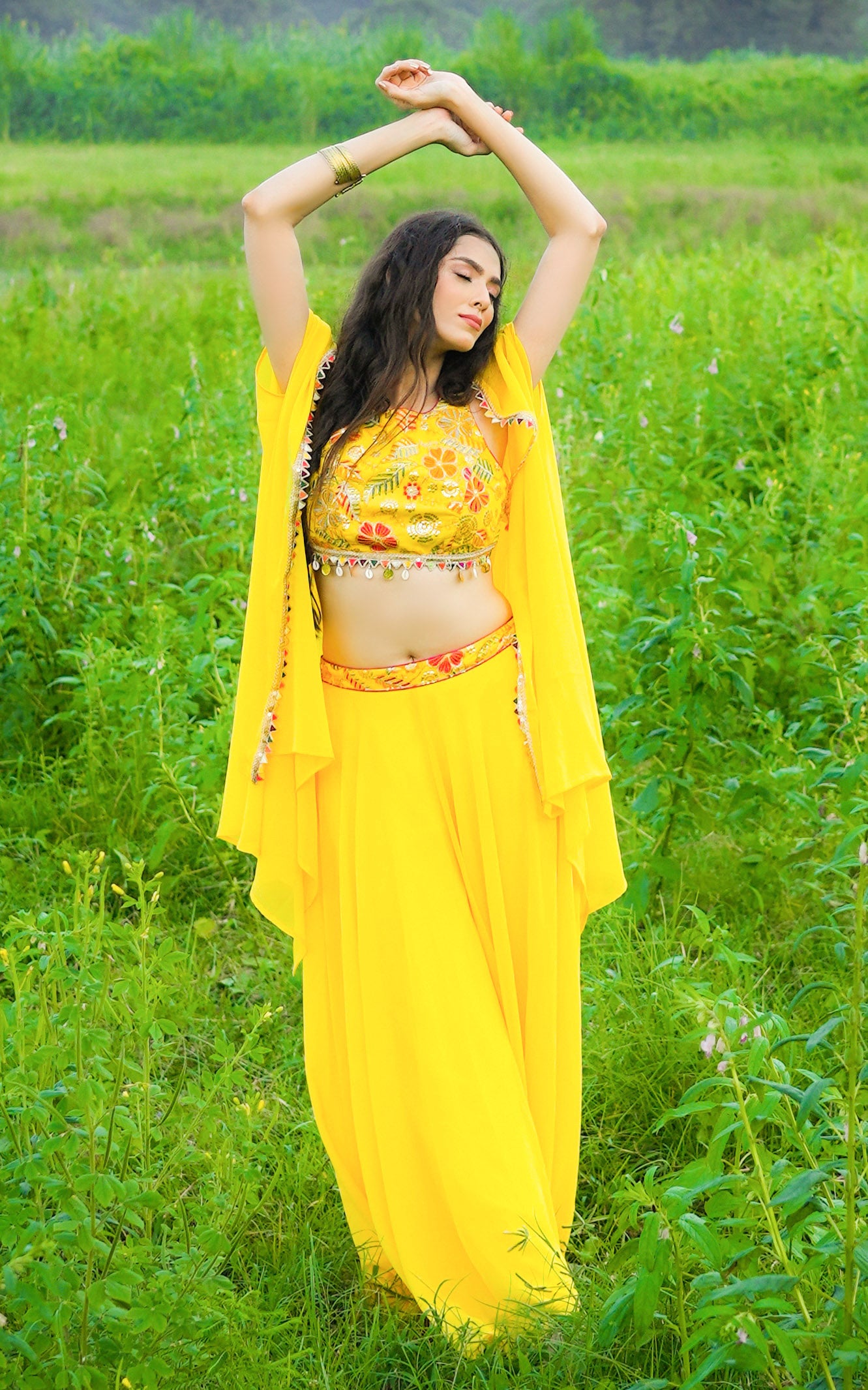 Yellow Embroidered Crop Top Sharara and Cape Set