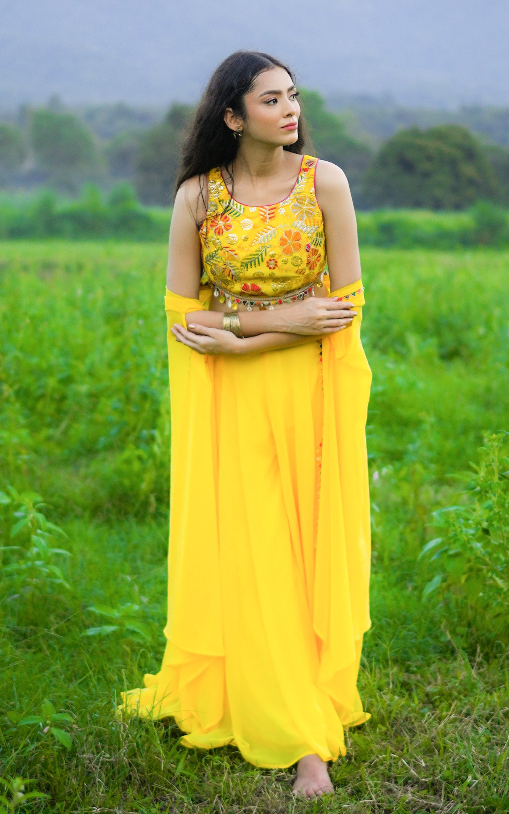 Yellow Embroidered Crop Top Sharara and Cape Set