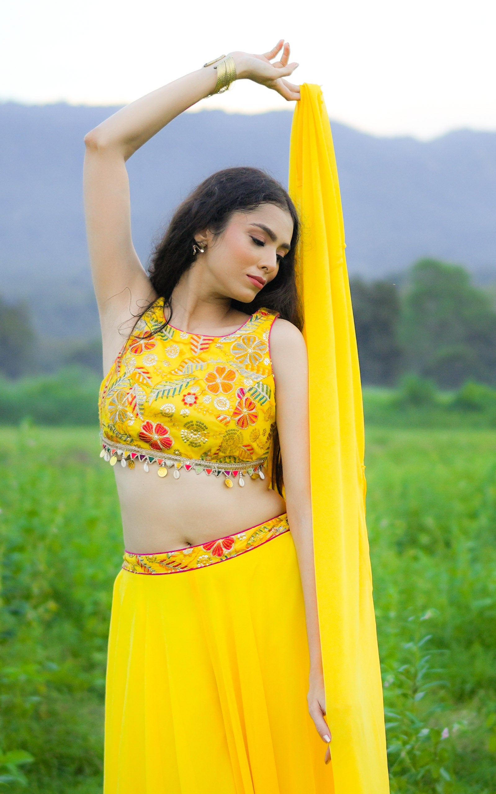 Yellow Embroidered Crop Top Sharara and Cape Set