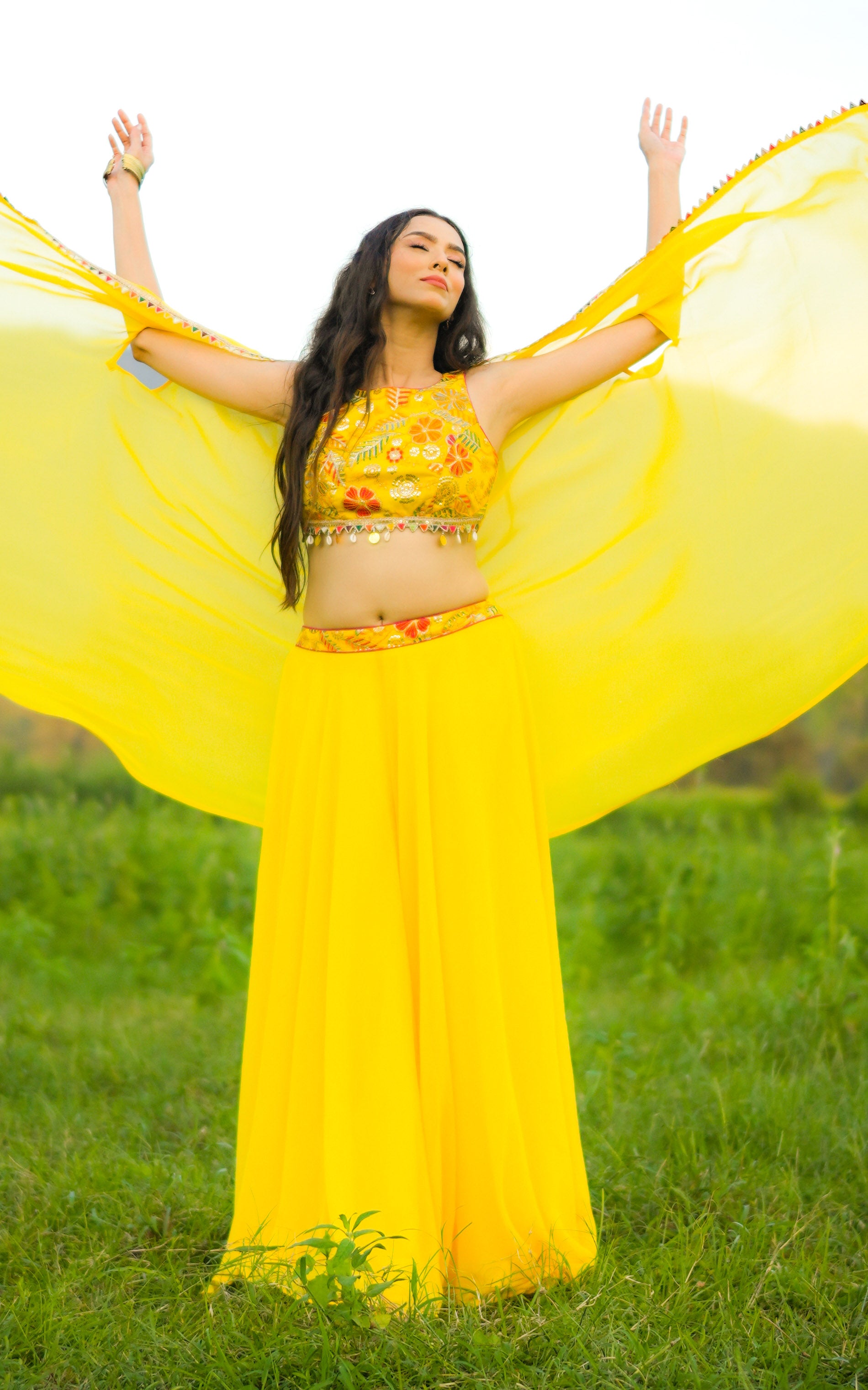 Yellow Embroidered Crop Top Sharara and Cape Set