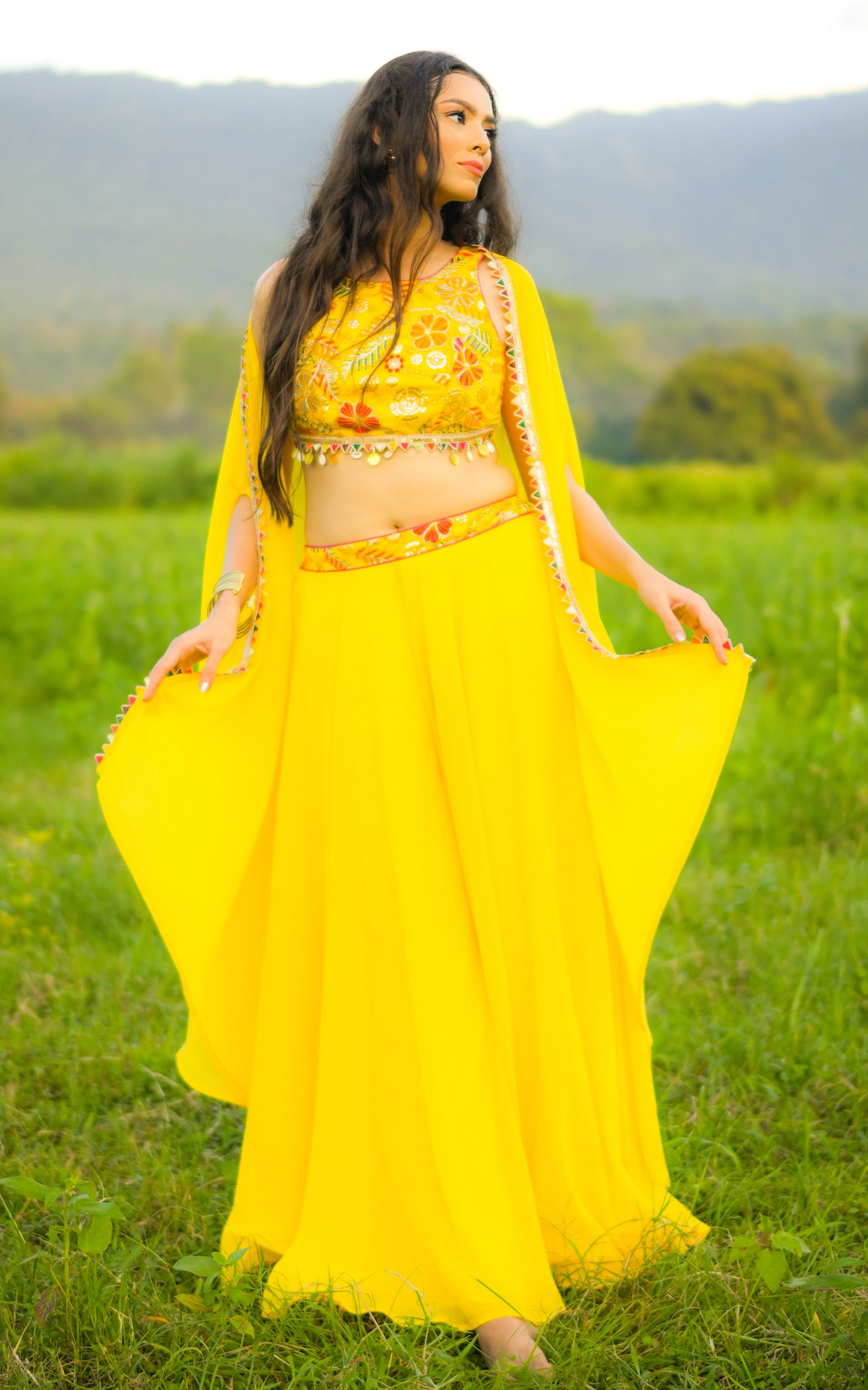 Yellow Embroidered Crop Top Sharara and Cape Set