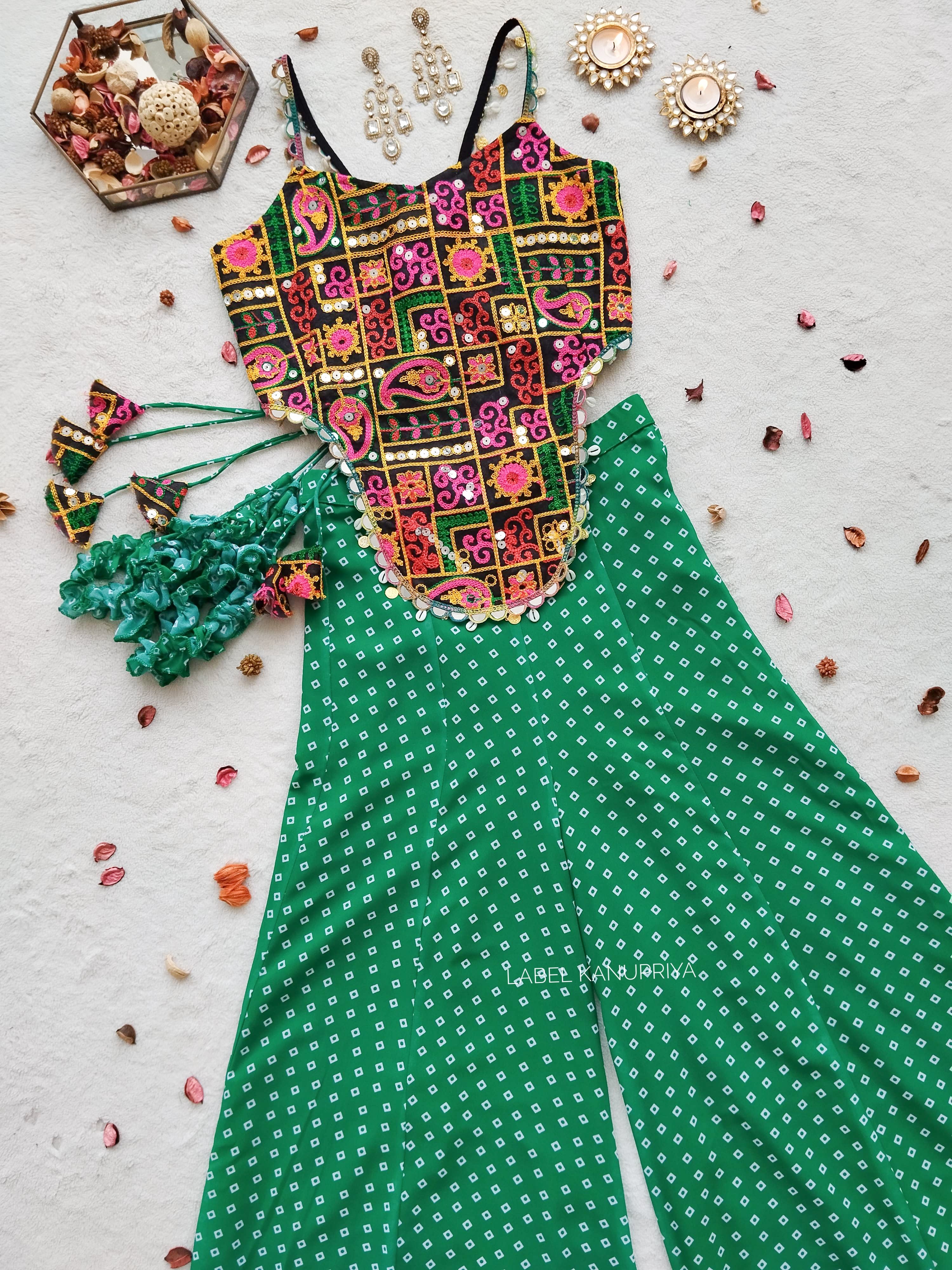 Multicolor Mirrorwork Top With Green Bandhej Sharara