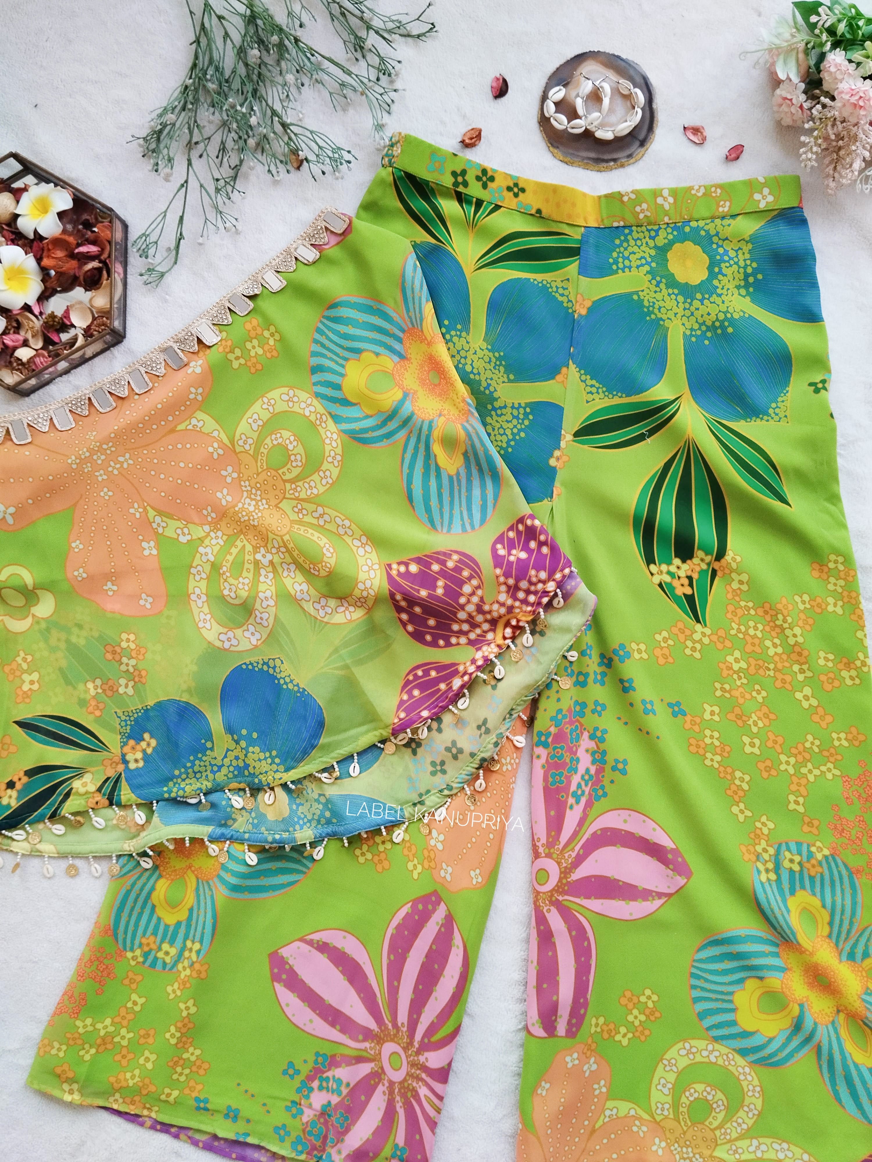 Parrot Green Floral One-Shoulder Co-Ord Set