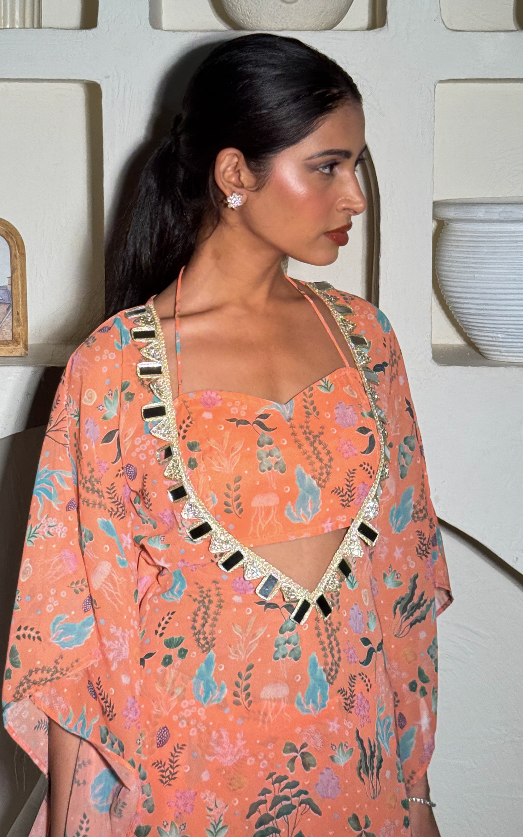 Orange Aquatic Kaftan Crop Top Sharara Set