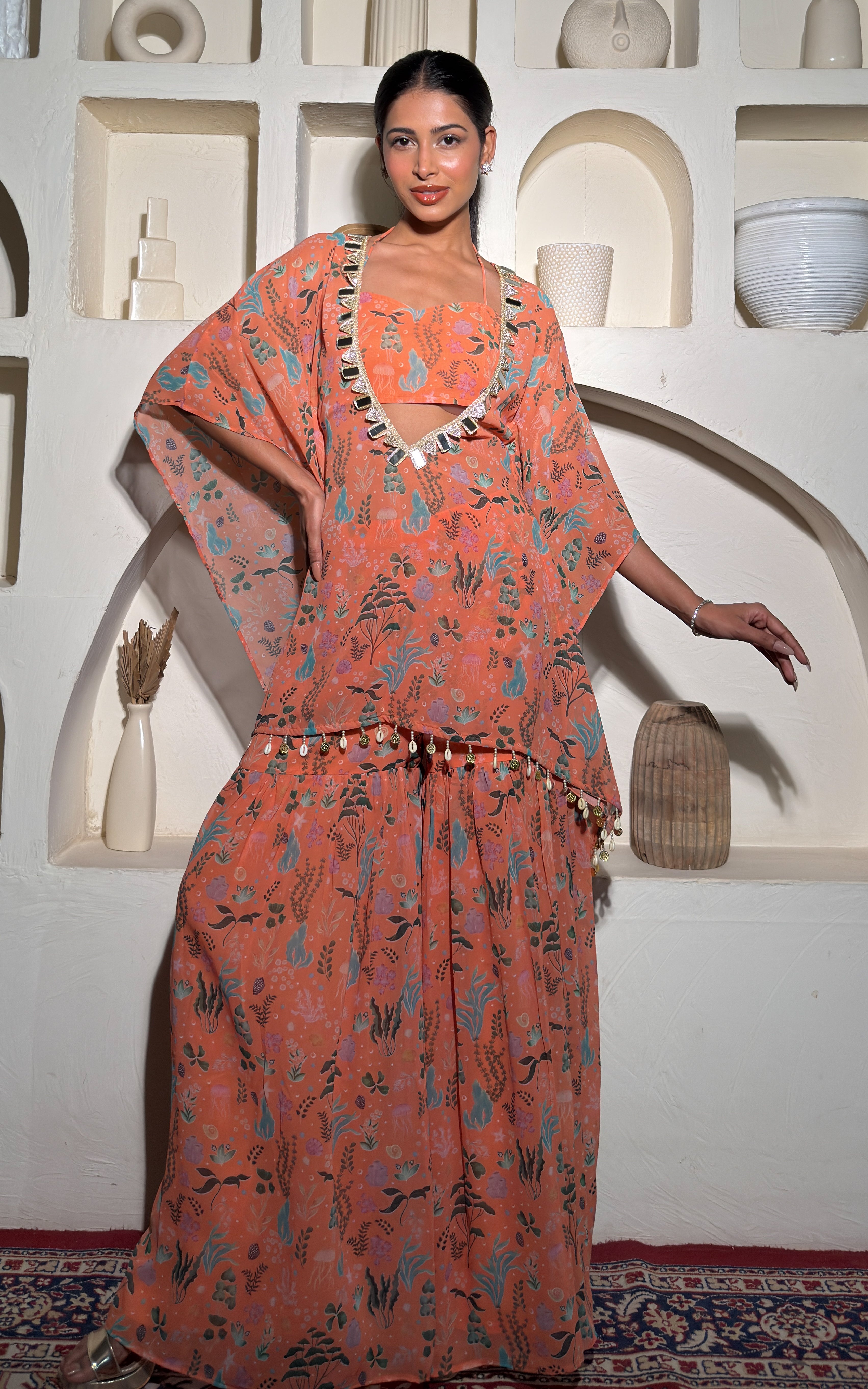 Orange Aquatic Kaftan Crop Top Sharara Set