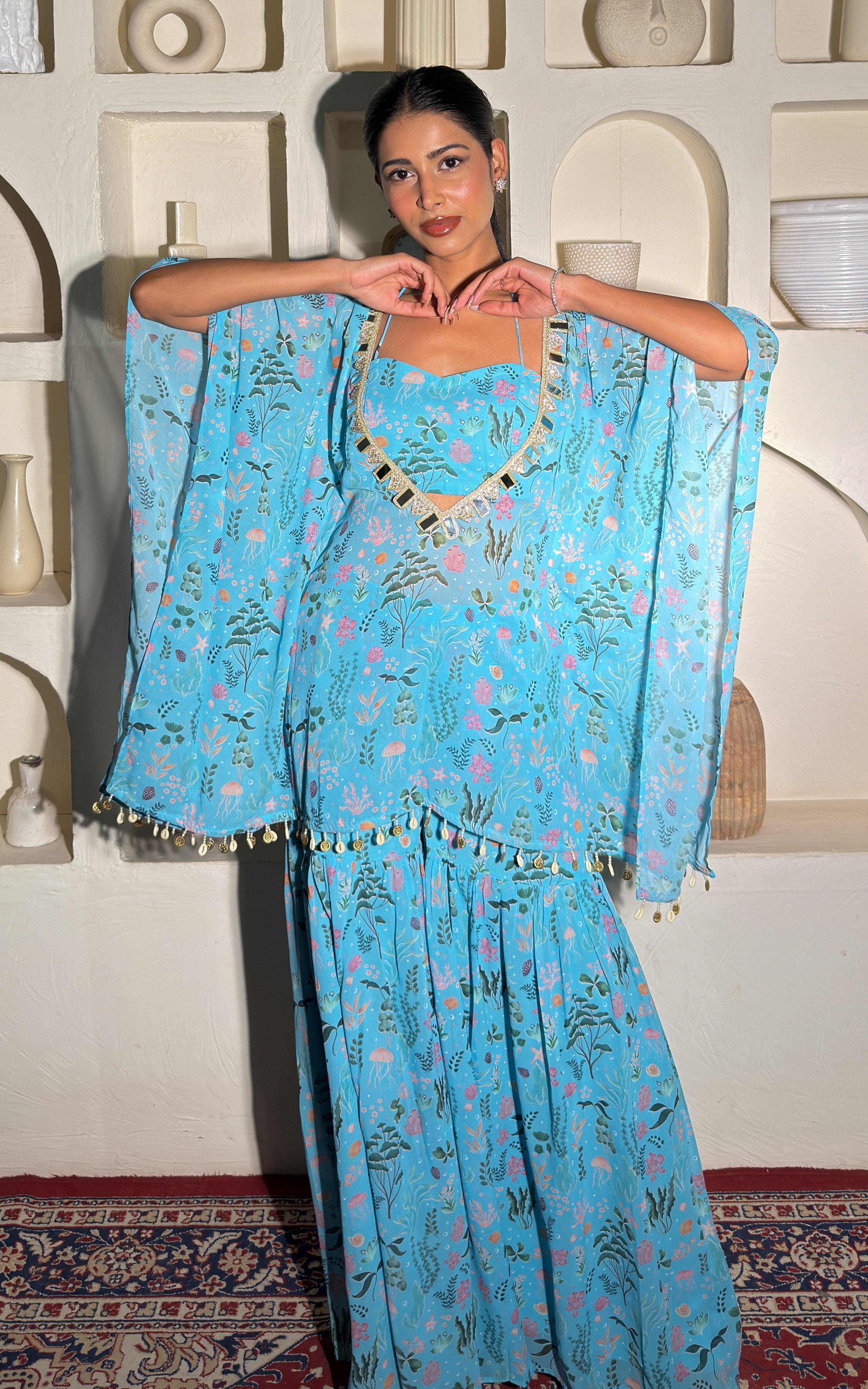 Turquoise Aquatic Kaftan Crop Top Sharara Set