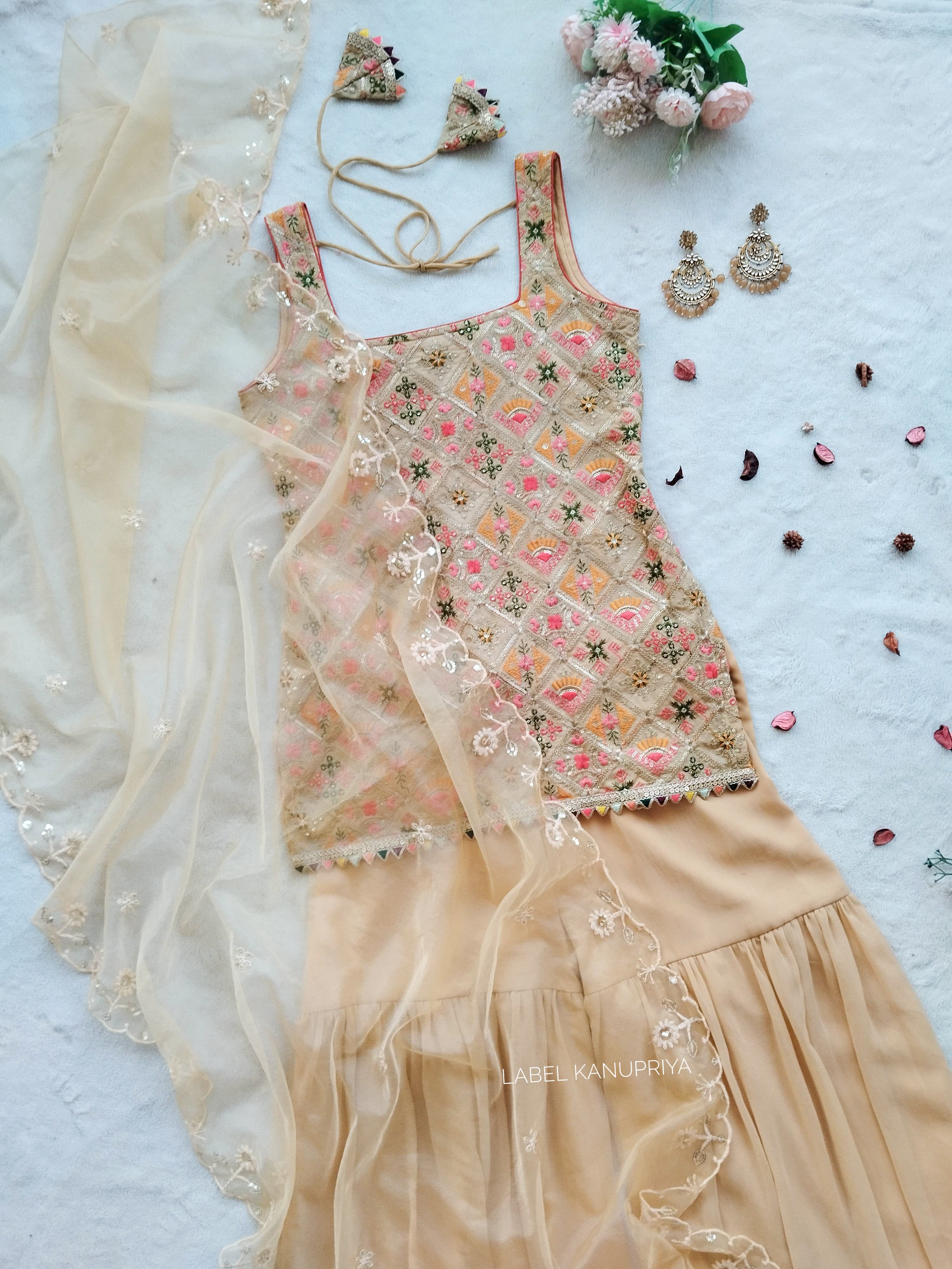 Beige Emroidered Sharara Set