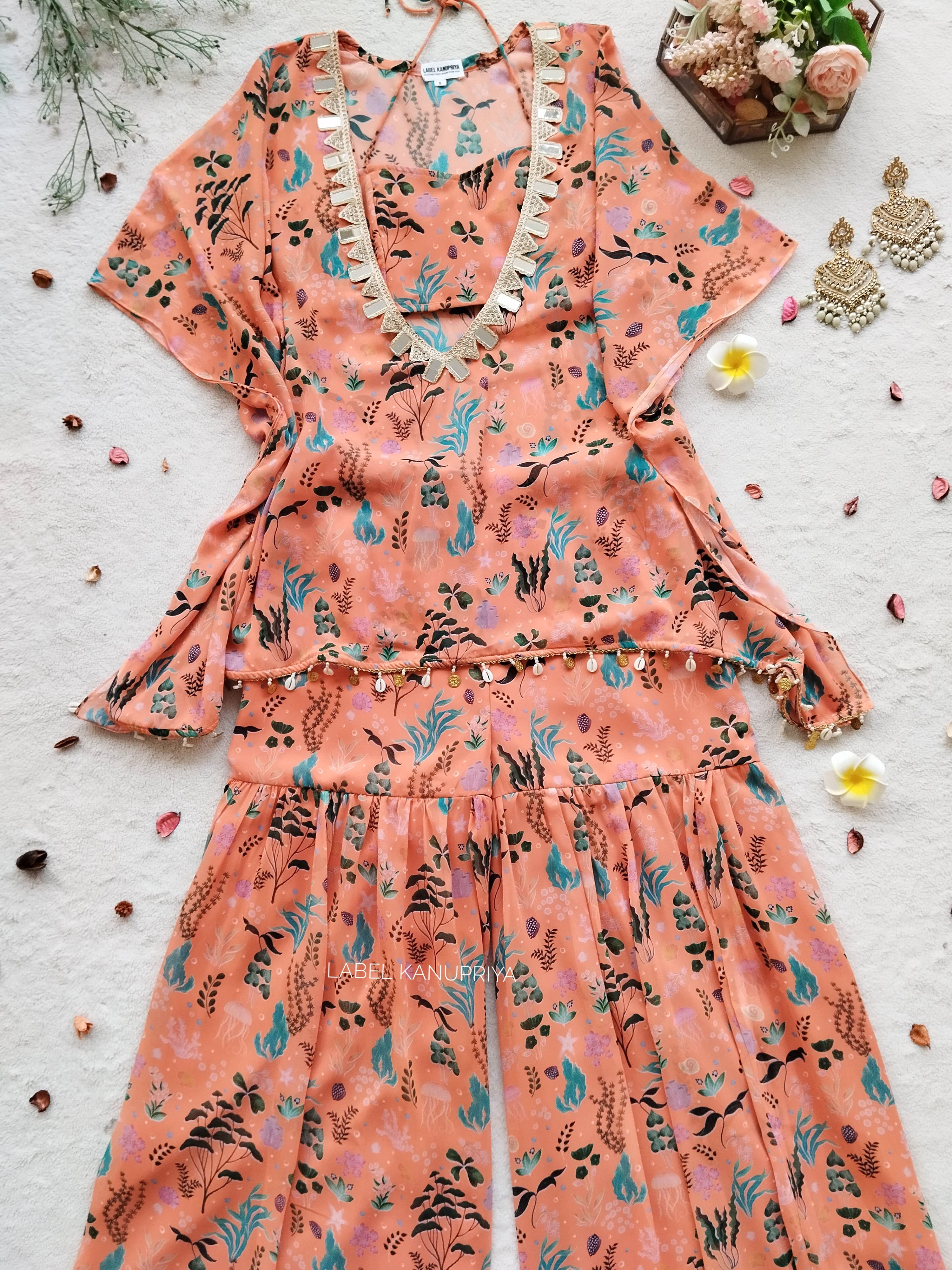 Orange Aquatic Kaftan Crop Top Sharara Set