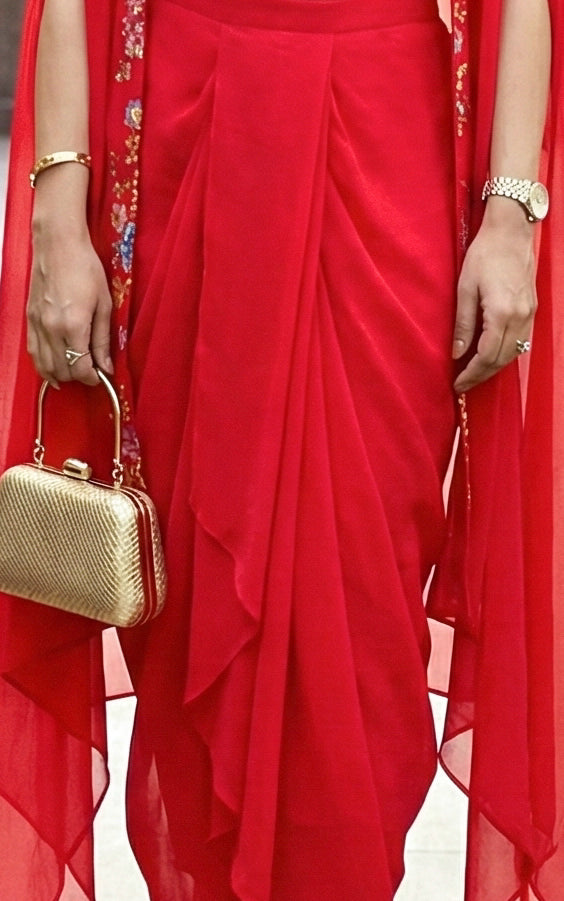 Red Sequinwork Waistcoat And Draped Skirt Co-ord set