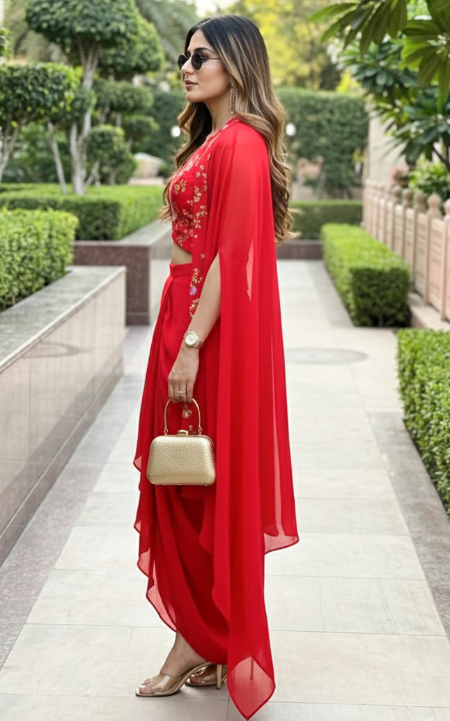 Red Sequinwork Waistcoat And Draped Skirt Co-ord set