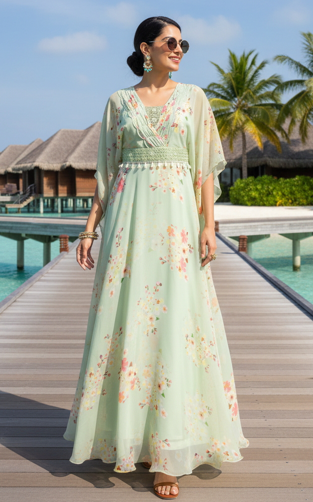Sage Green Printed Georgette Floral Dress With Mirrorwork Belt