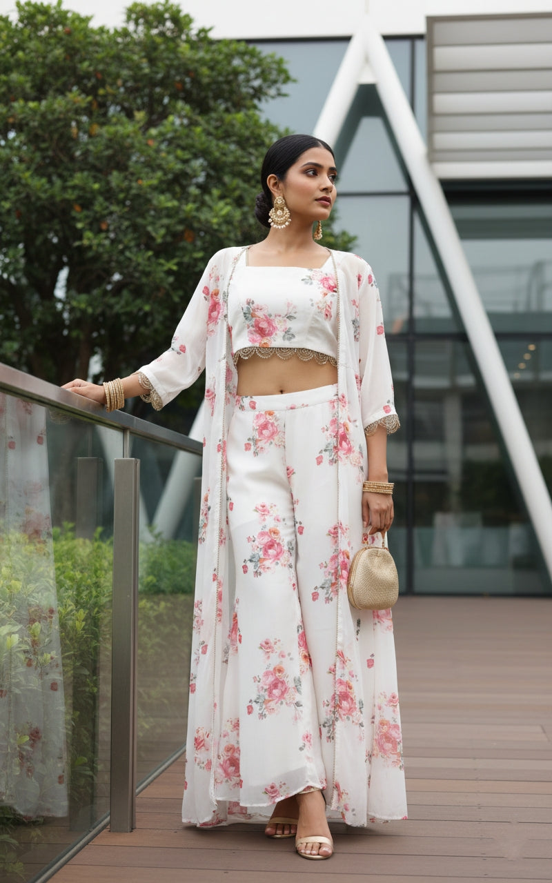 Off White Floral Crop-top & Pants Co-ord Set