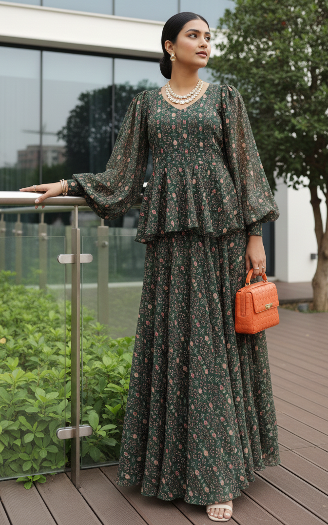 Bottle Green Printed Georgette Jumpsuit