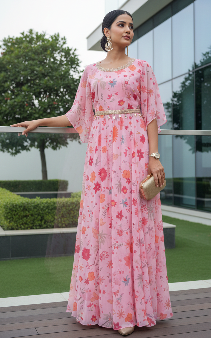 Pink Tropical Printed Jumpsuit with Belt