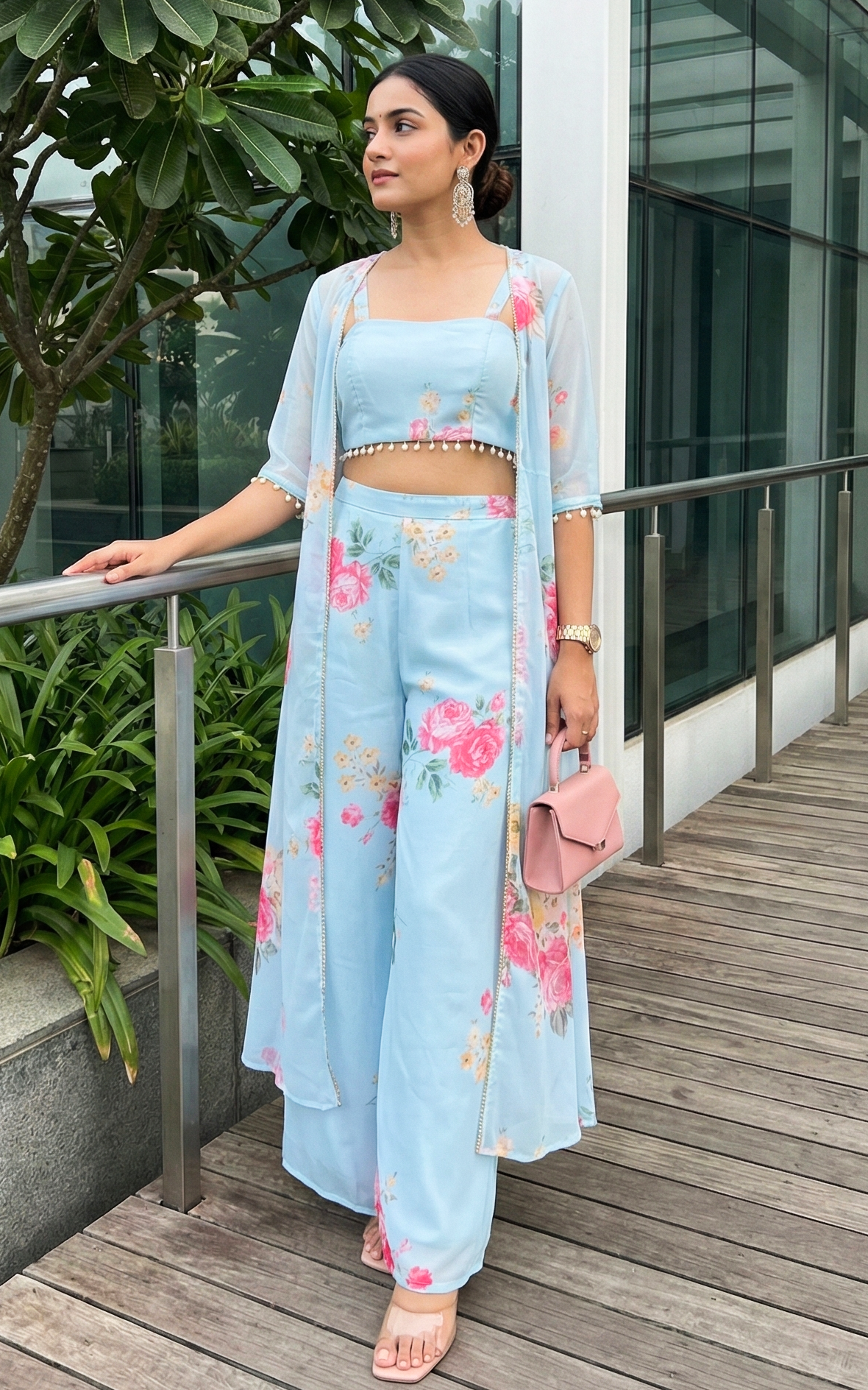 Sky Blue Floral Crop Top & Pant Co-ord Set