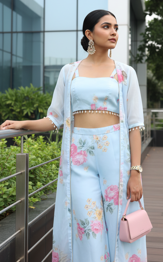 Sky Blue Floral Crop Top & Pant Co-ord Set