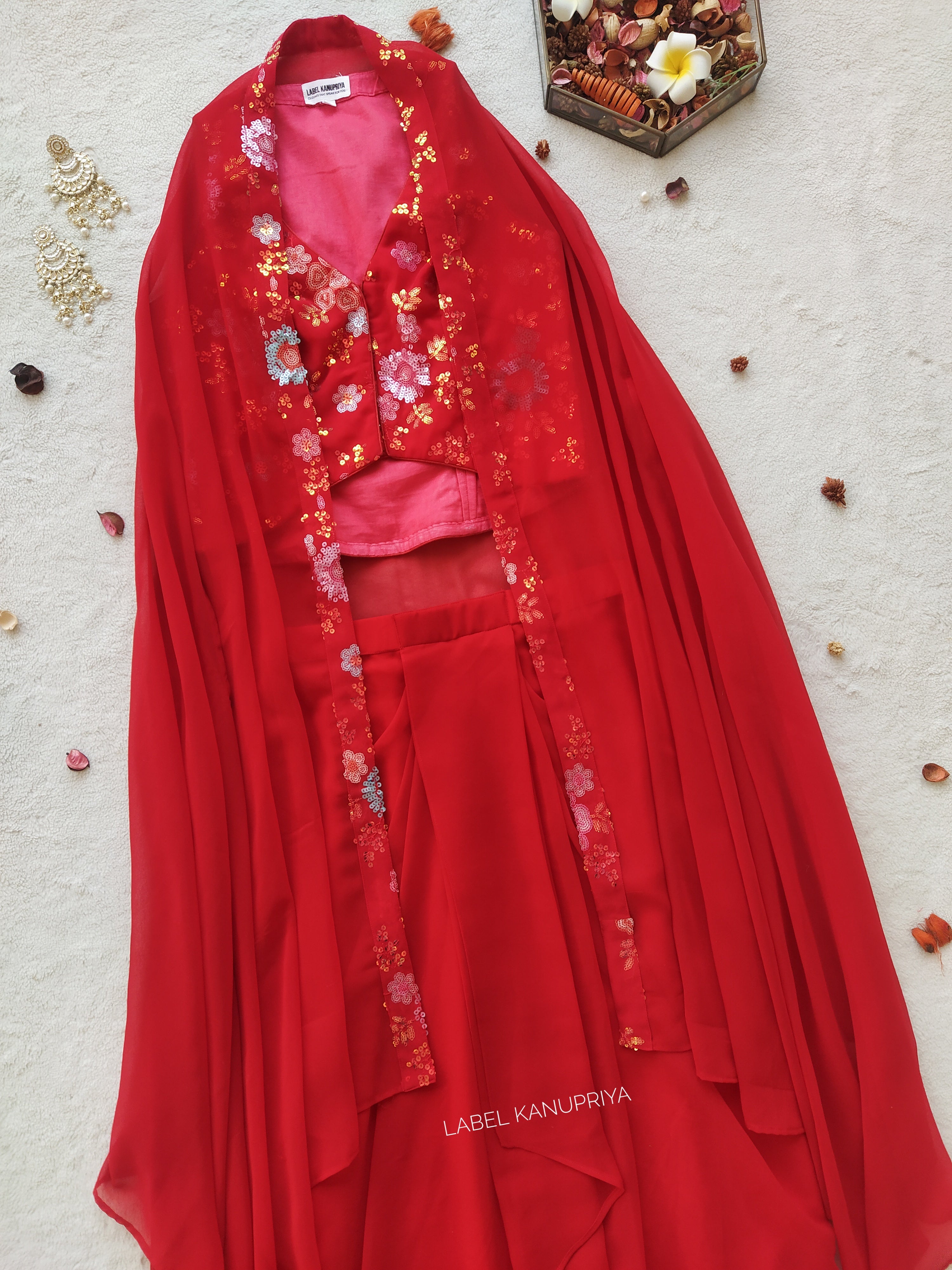 Red Sequinwork Waistcoat And Draped Skirt Co-ord Set