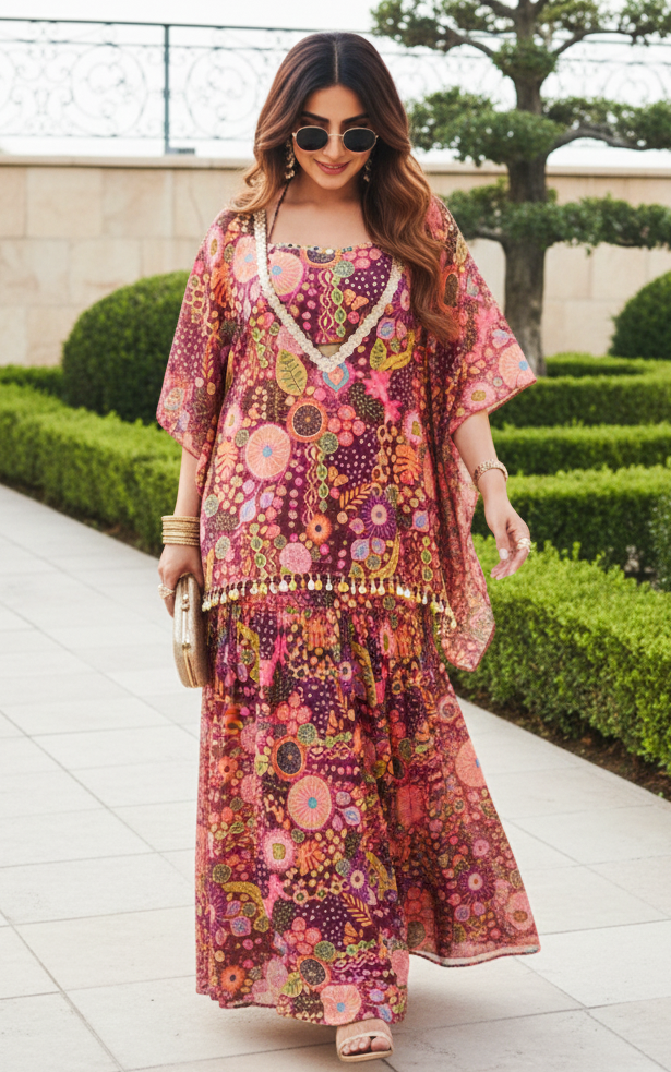 Purple Kitschy Print Crop Top and Sharara Set