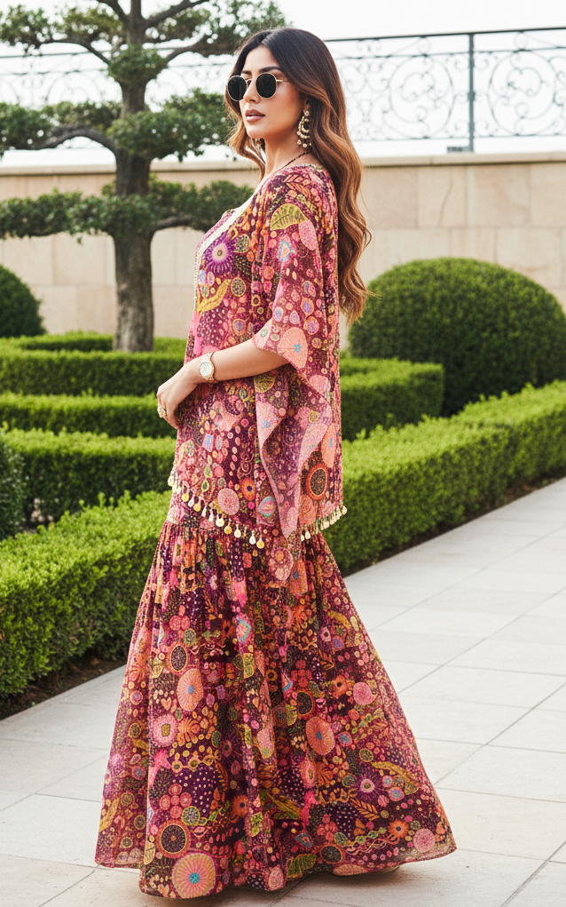 Purple Kitschy Print Crop Top and Sharara Set