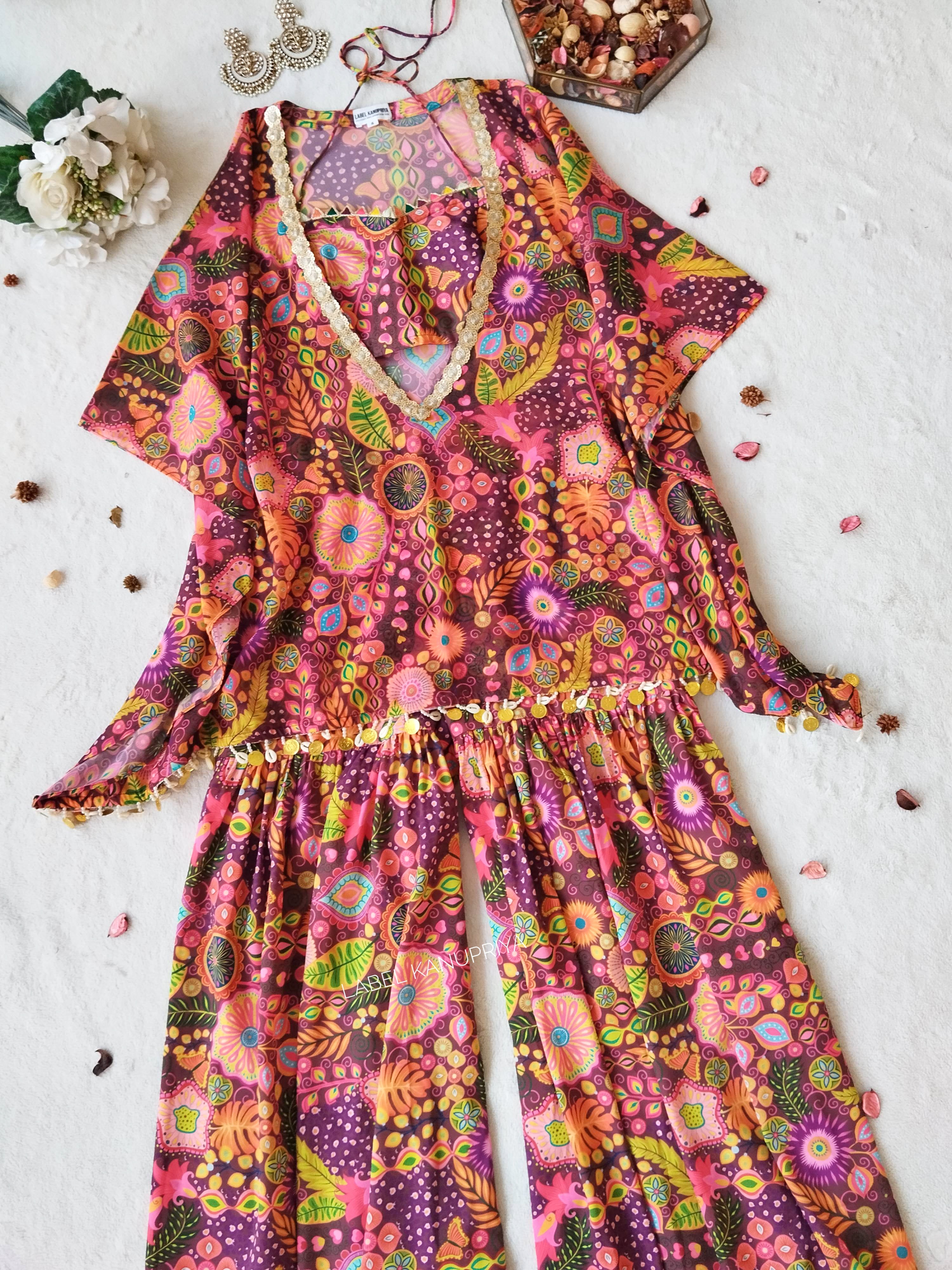 Purple Kitschy Print Crop Top and Sharara Set