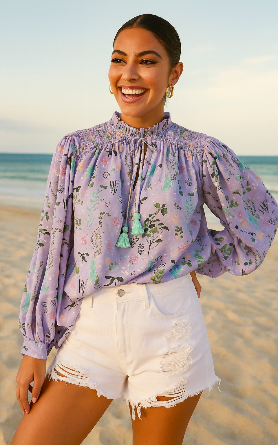 Purple Aquatic Print Satin Top