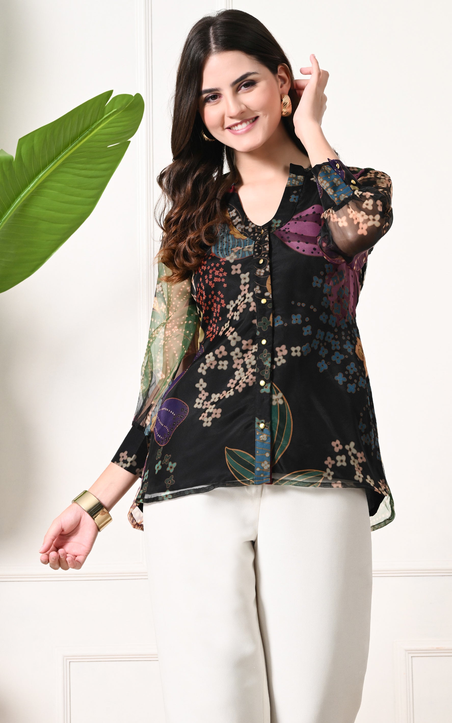 Black Floral Printed Organza Shirt Top