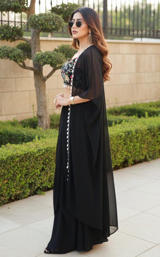Black Embroidered Crop top Draped Skirt Jacket Co-ord Set