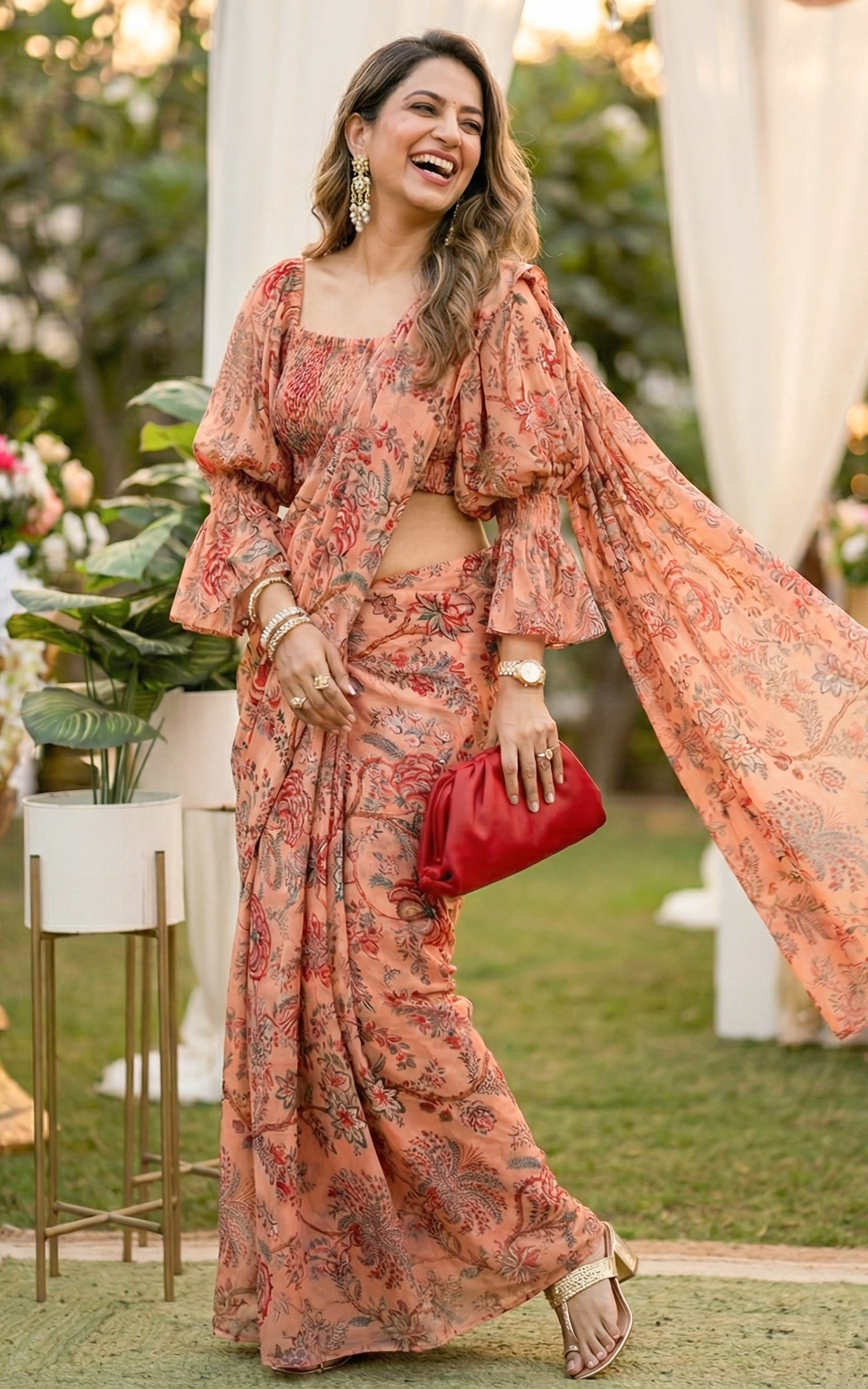 Peach Floral Pre-Stitched Saree with Smocked Crop Top
