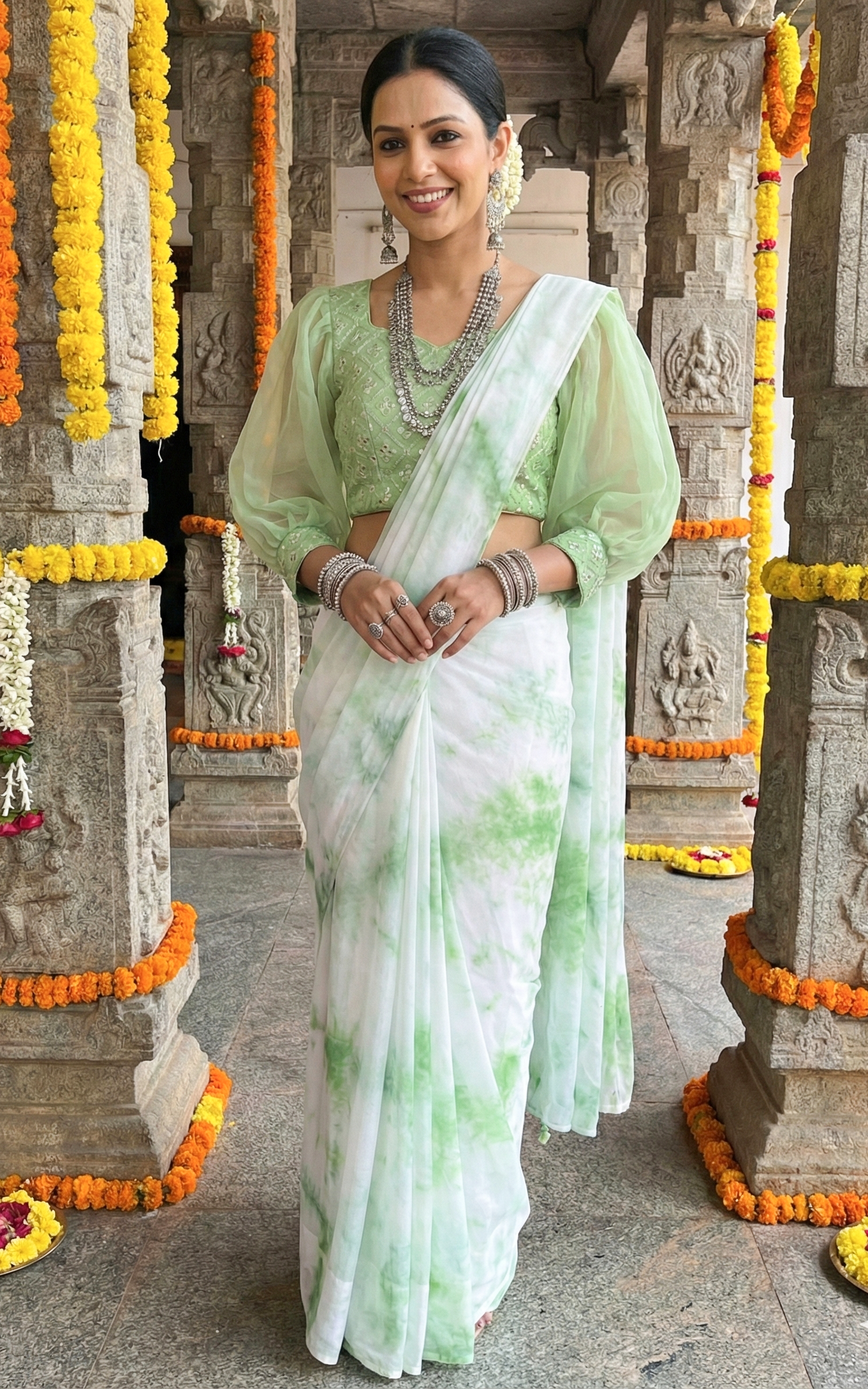 Pastel Green Pre-stitched Shibori Saree