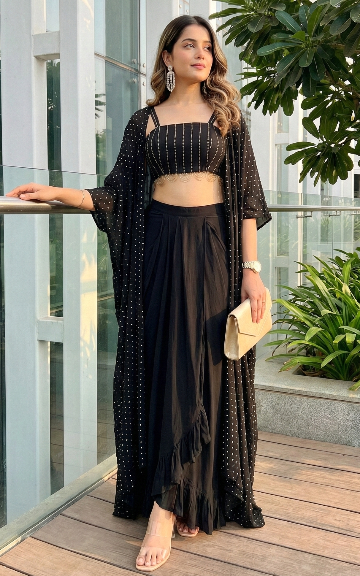 Black Mukaish Work Cape & Draped Skirt Set