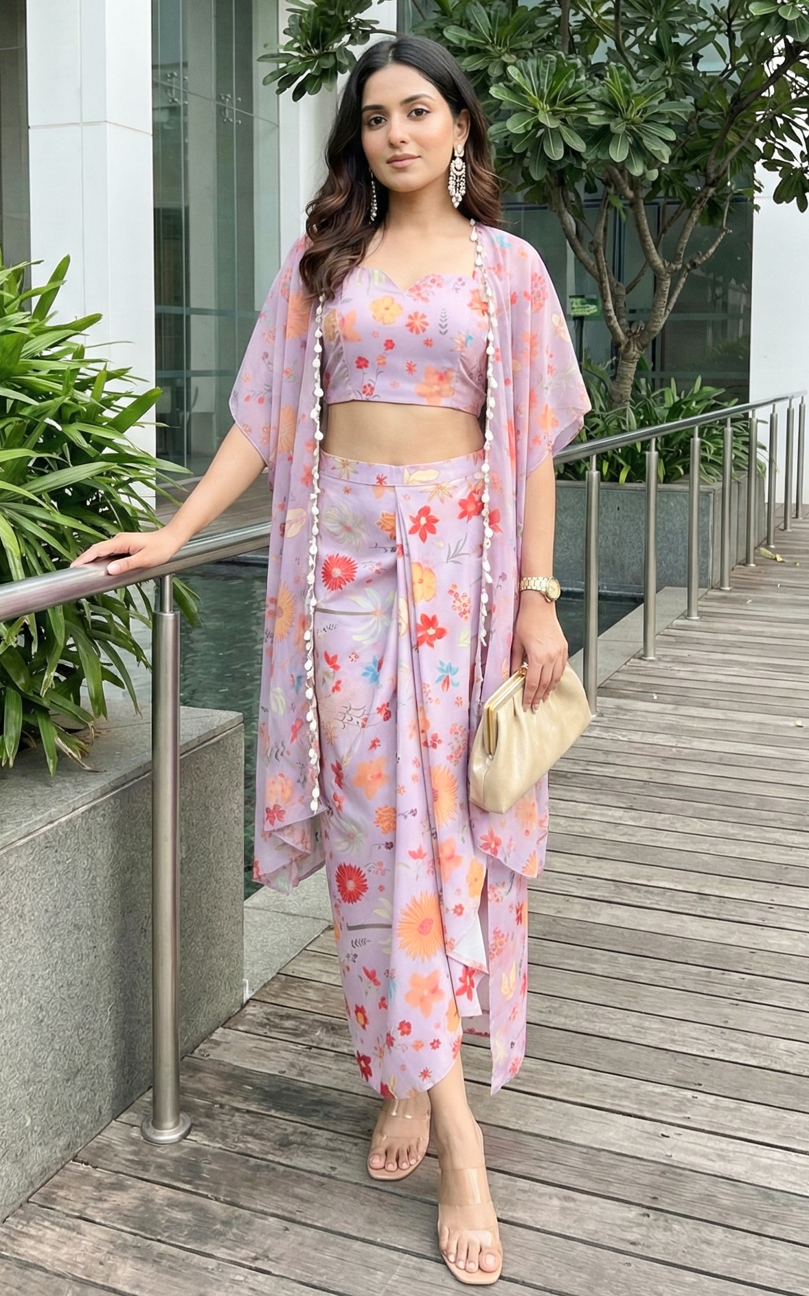 Lavender Tropical Print Draped Skirt Co-Ord Set