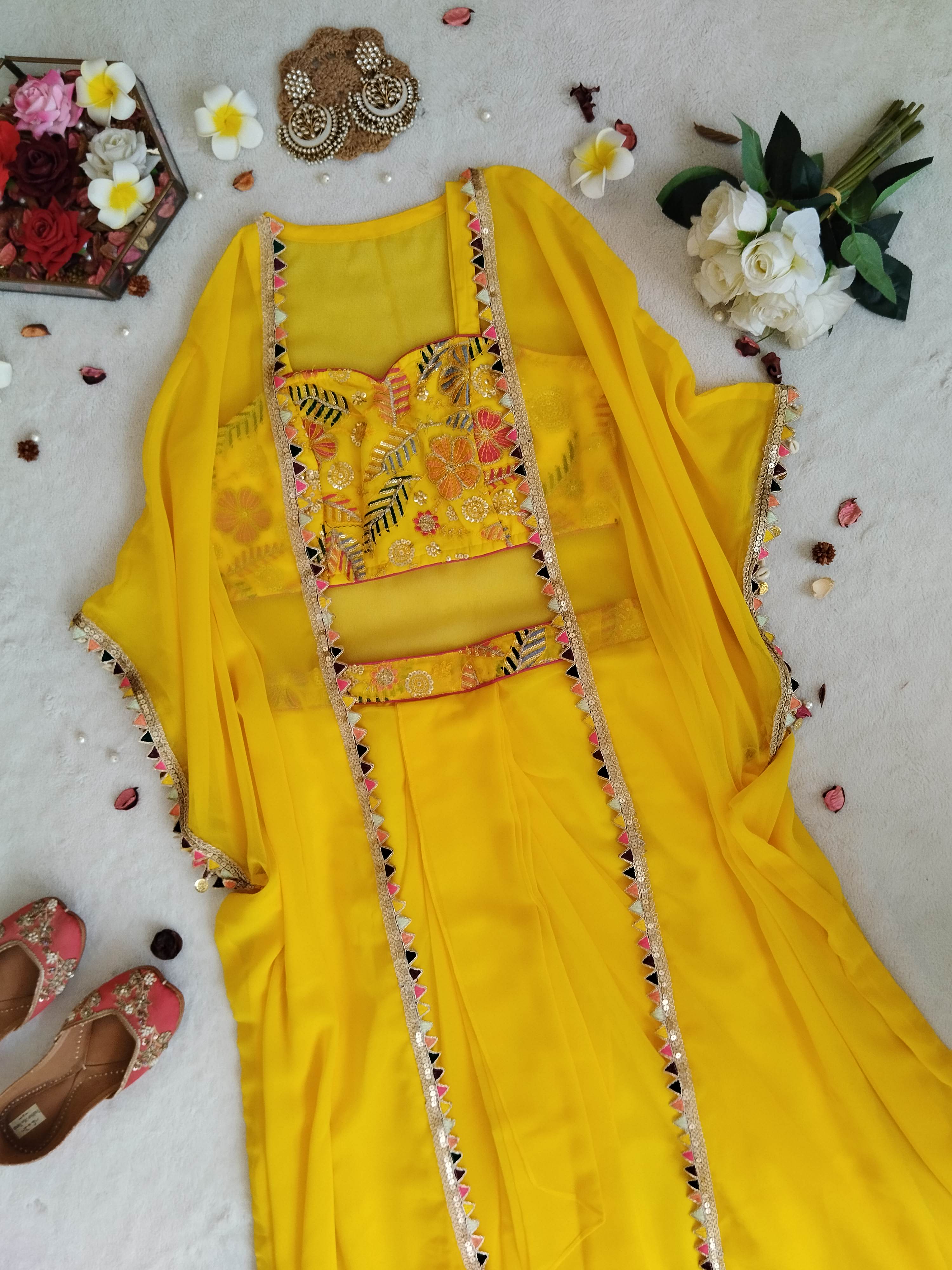 Yellow Embroidered Crop Top Draped Skirt Set