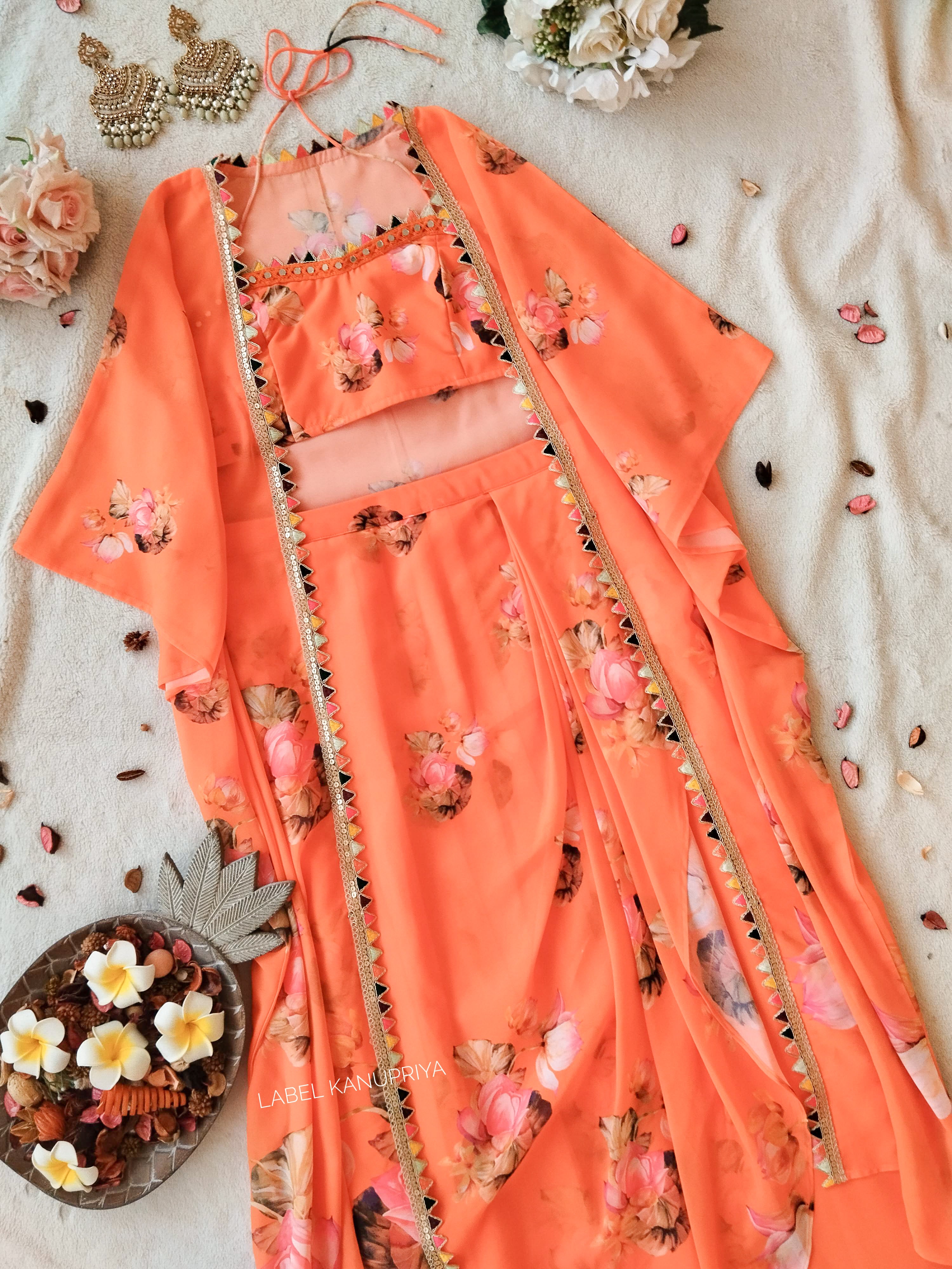 Orange Lotus Crop-top and Draped Skirt Co-ord Set