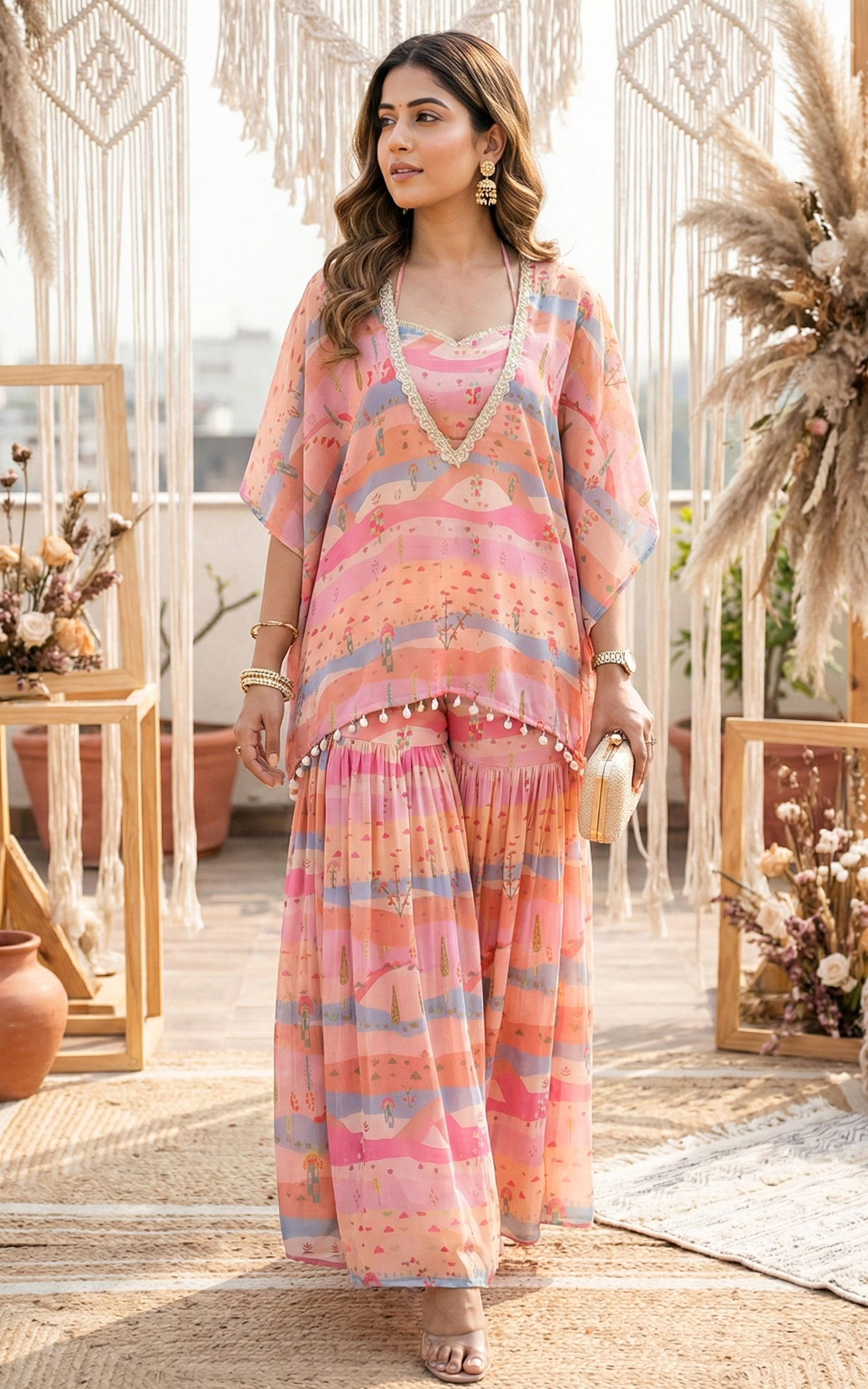 Graphic Landscape Kaftan Crop-top Sharara Co-ord Set