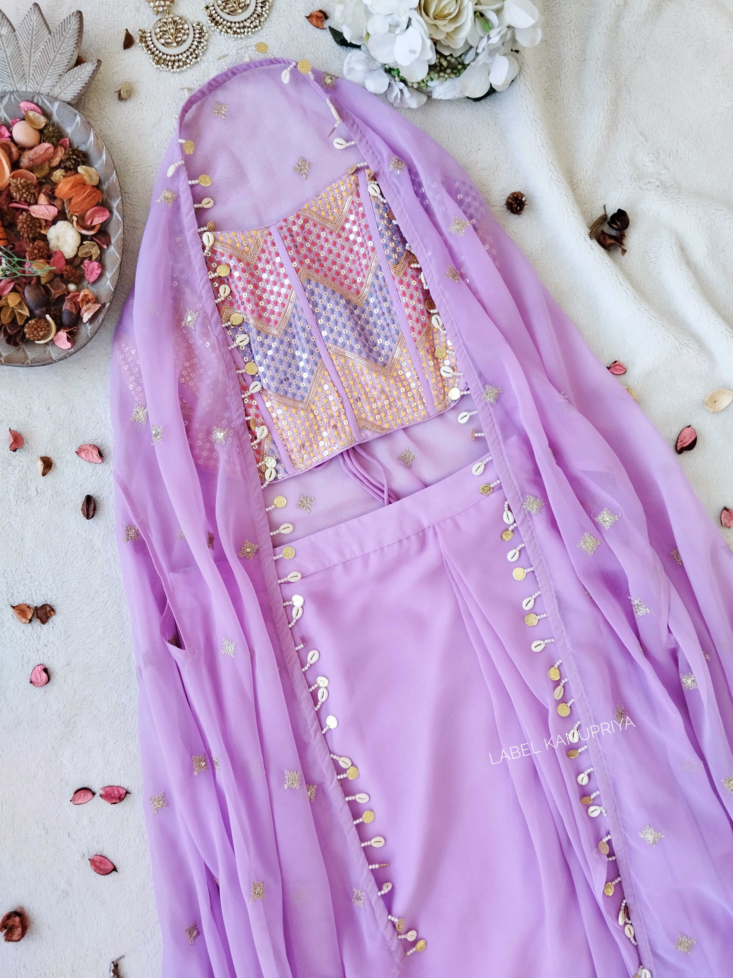 Lilac Mirrorwork Croptop Draped Skirt Co-ord Set