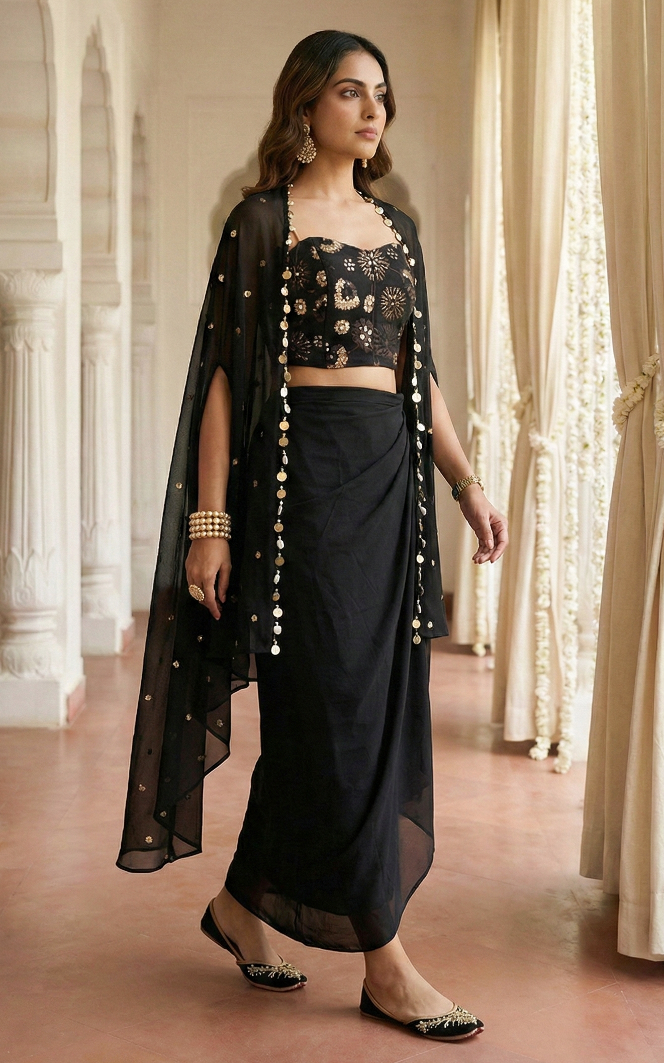 Black and Gold Sequinwork Corset and Drape Skirt Co-ord Set