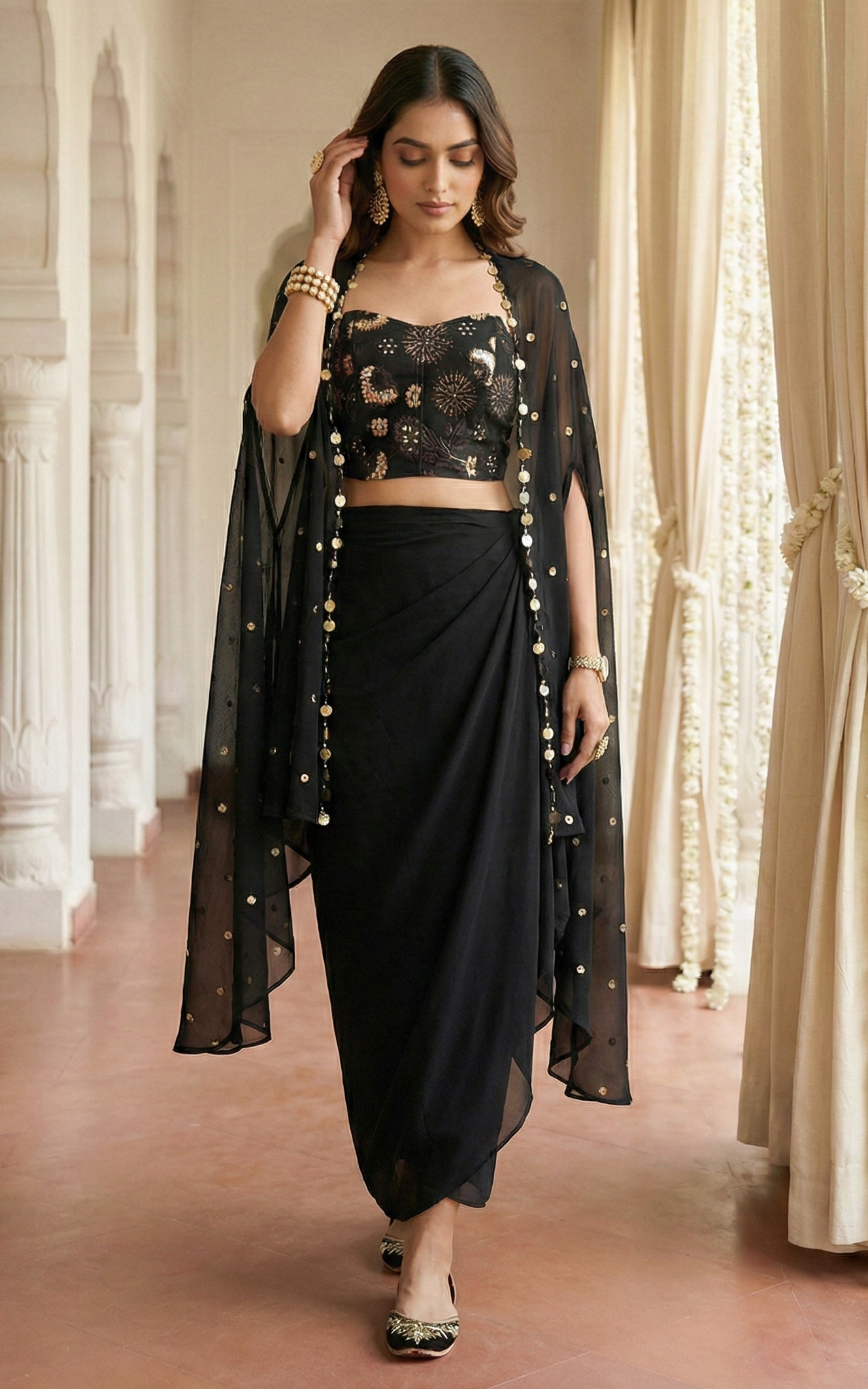 Black and Gold Sequinwork Corset and Drape Skirt Co-ord Set