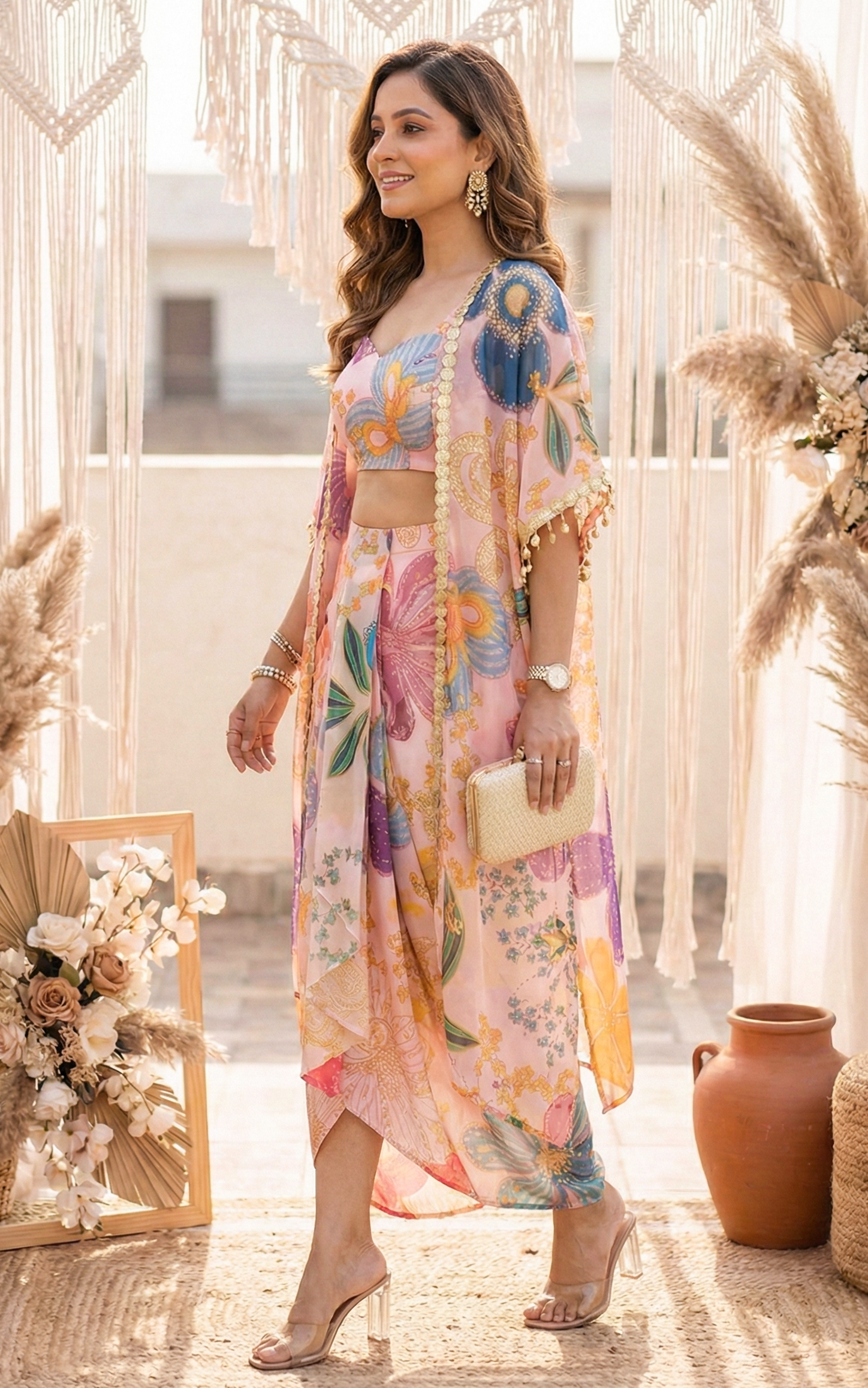 Vintage Floral Crop Top Draped Skirt Co-ord Set