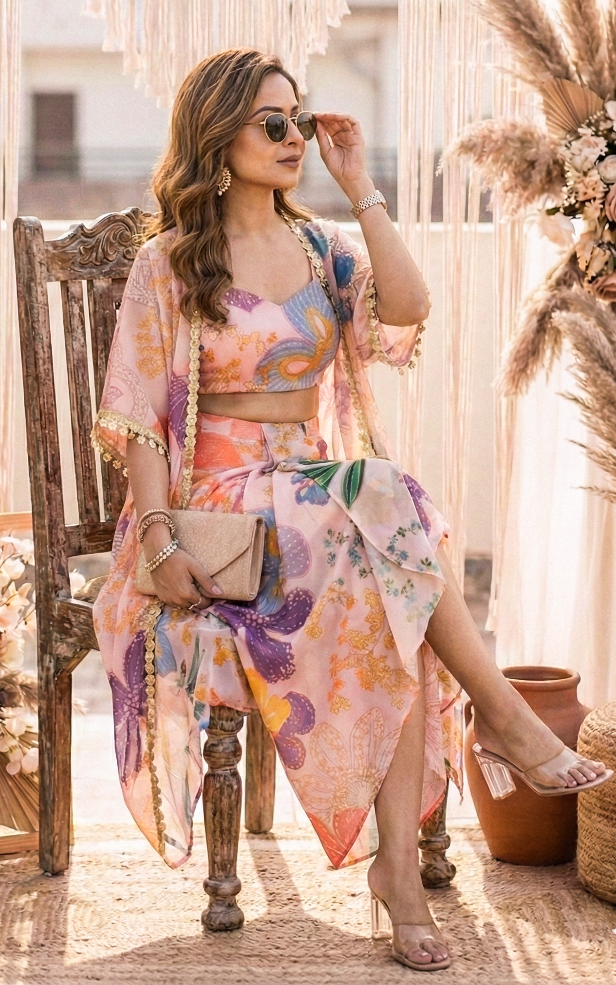 Vintage Floral Crop Top Draped Skirt Co-ord Set