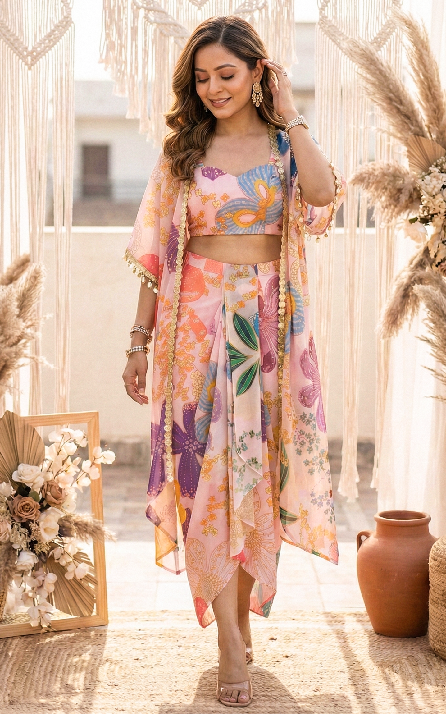 Vintage Floral Crop Top Draped Skirt Co-ord Set