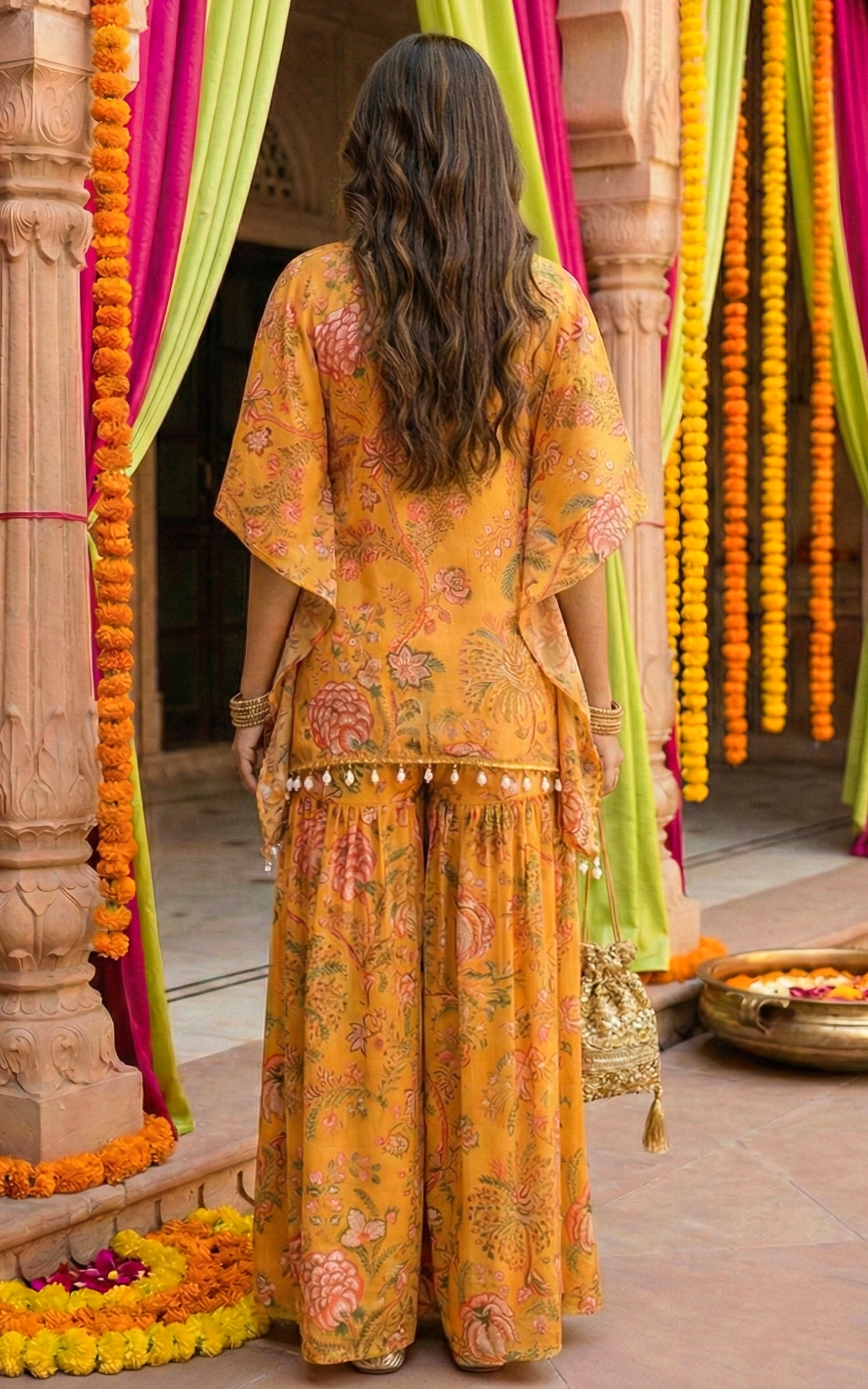 Mustard Printed Crop Top Sharara Kaftan Set