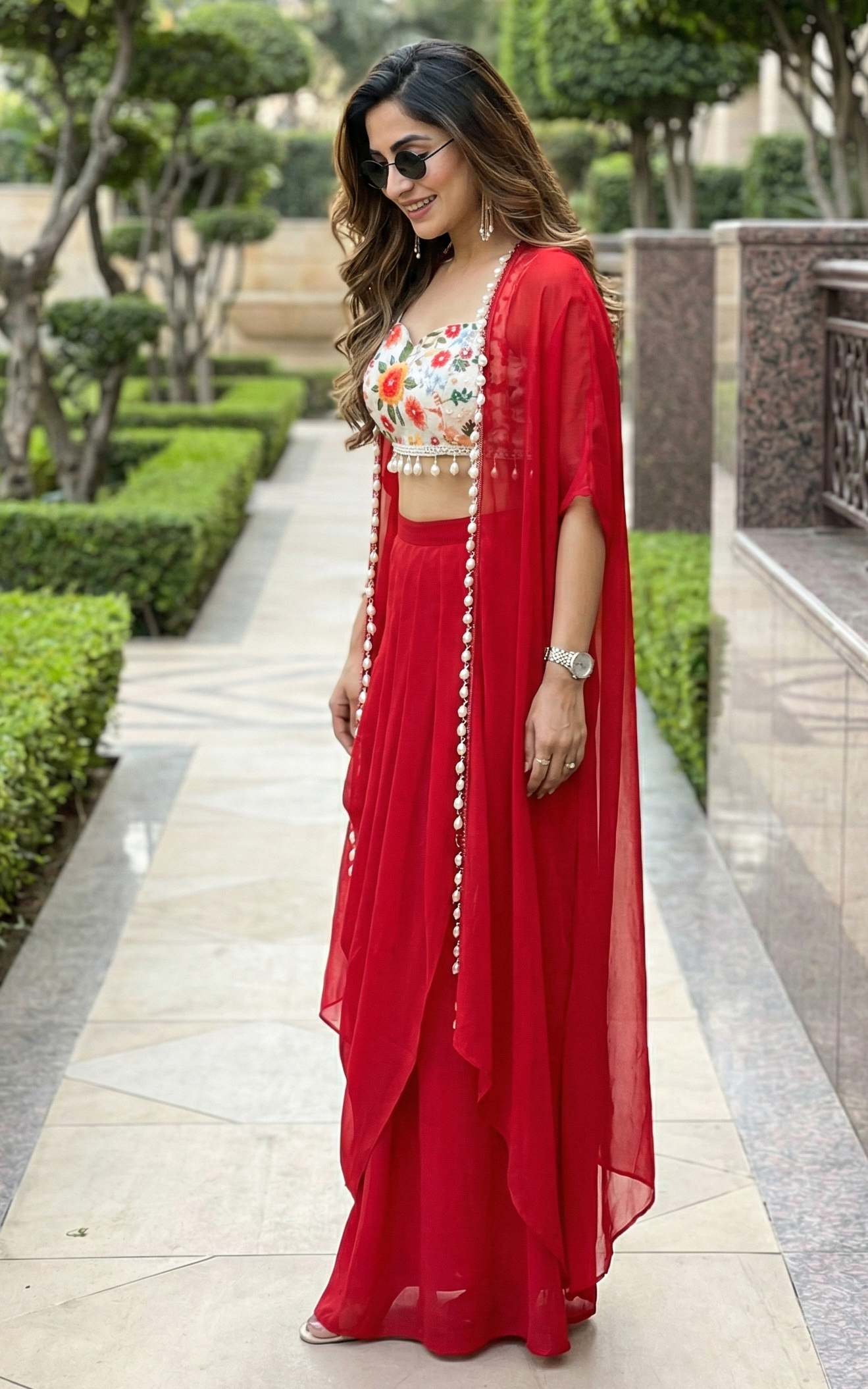 Red Draped Skirt and Cape Co-ord with Embroidered Crop top