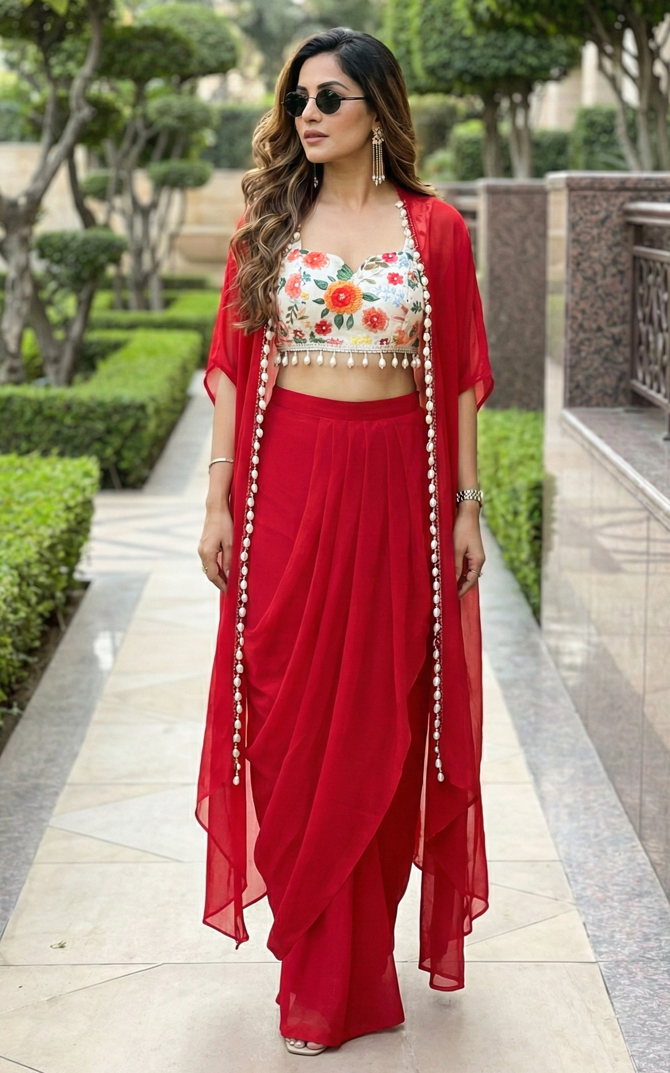 Red Draped Skirt and Cape Co-ord with Embroidered Crop top
