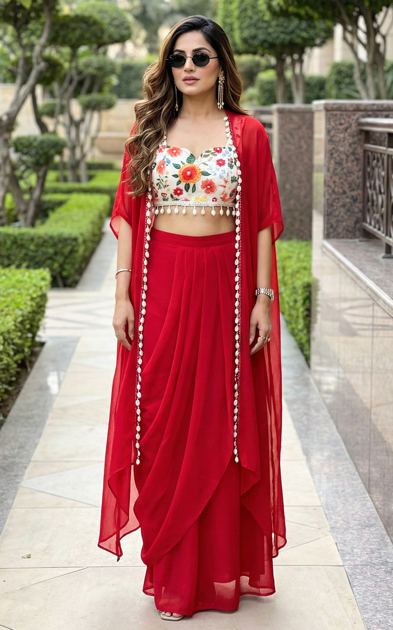 Red Draped Skirt and Cape Co-ord with Embroidered Crop top