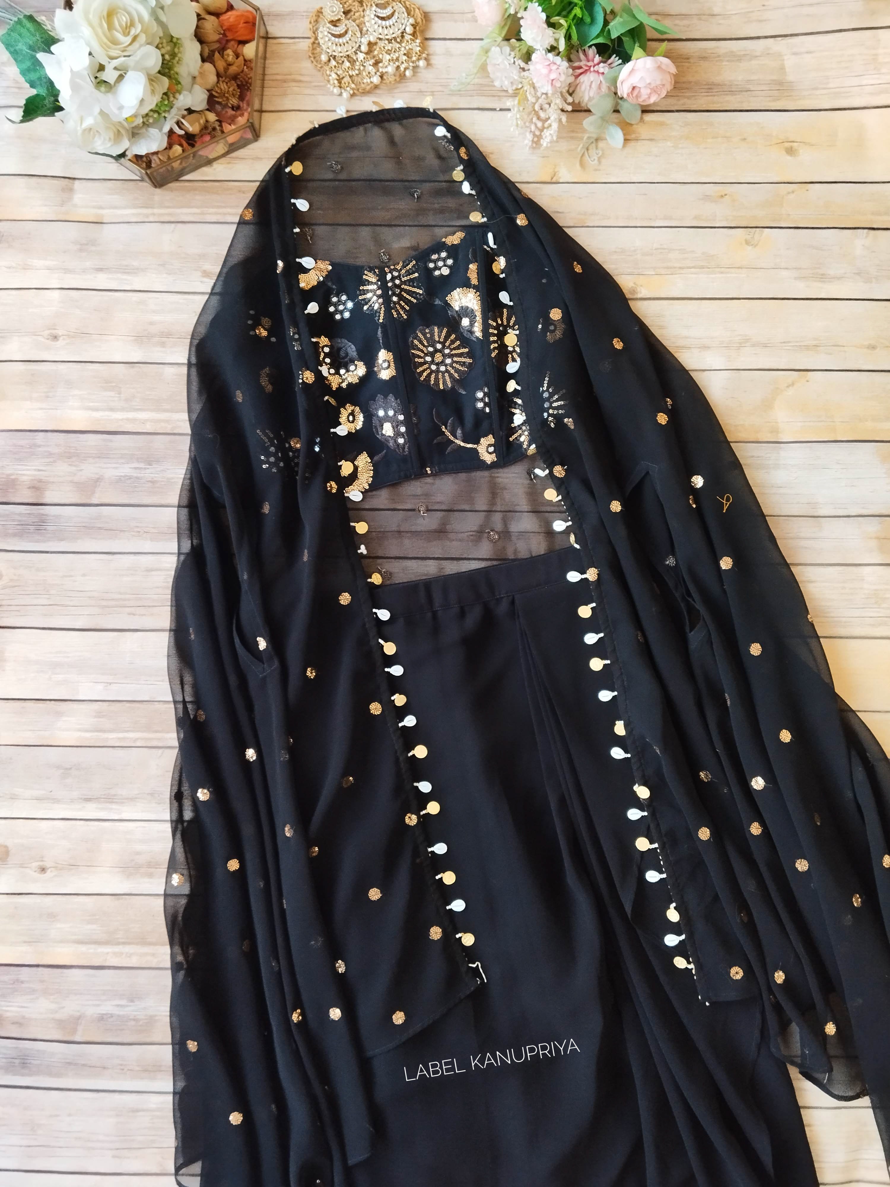 Black and Gold Sequinwork Corset and Drape Skirt Co-ord Set