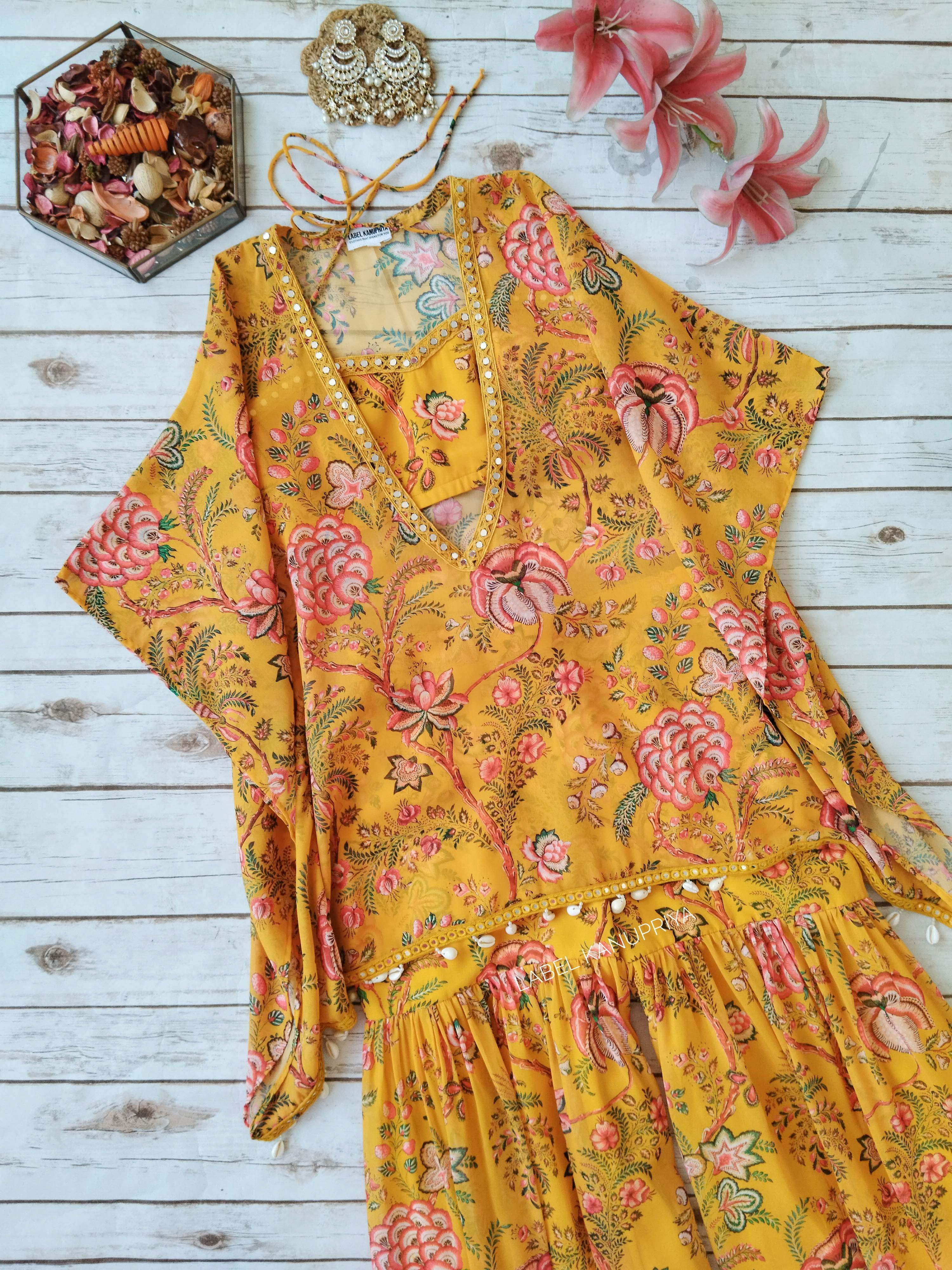 Mustard Floral Printed Crop Top Sharara Kaftan Set