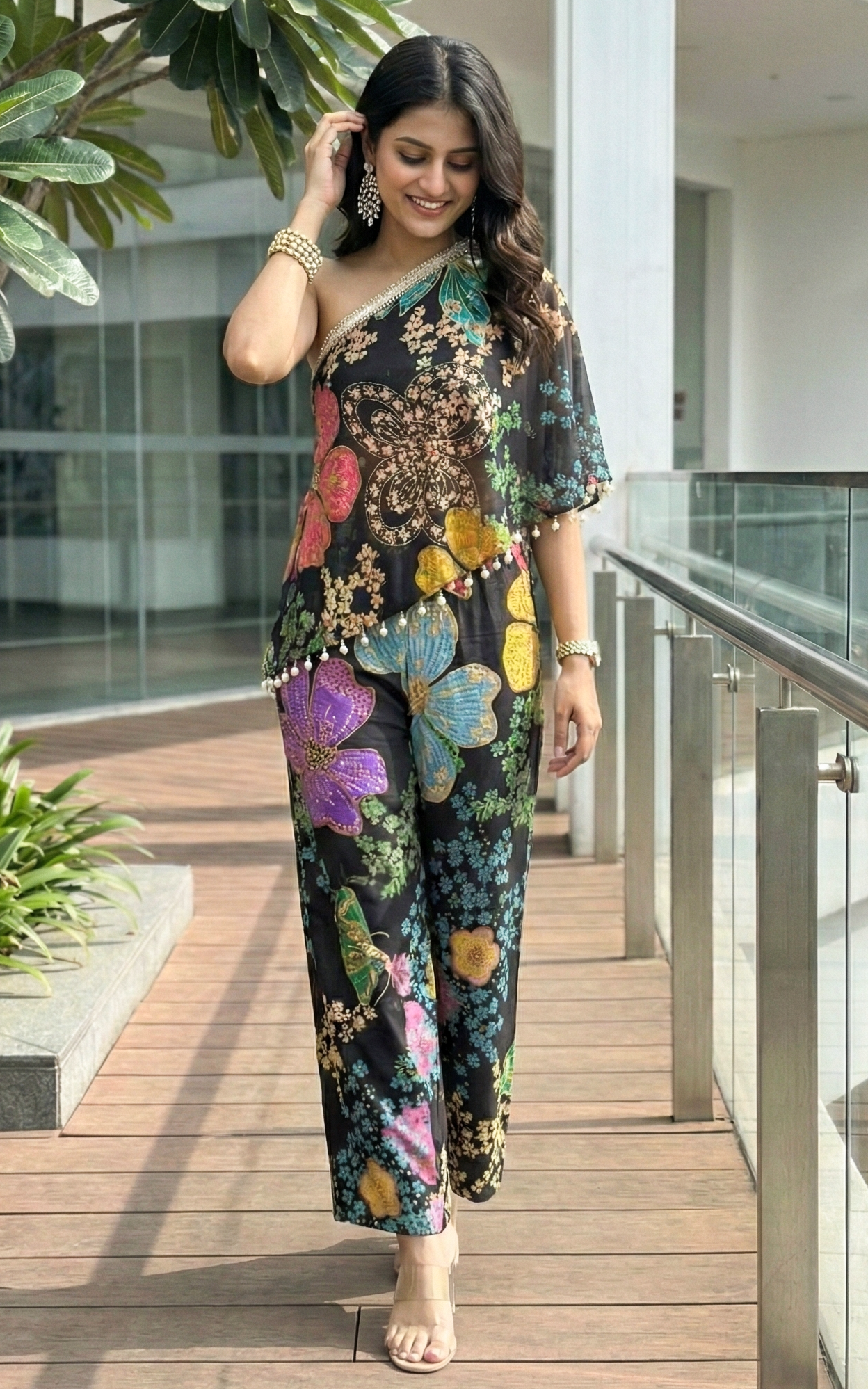 Black Floral One-Shoulder Co-ord Set