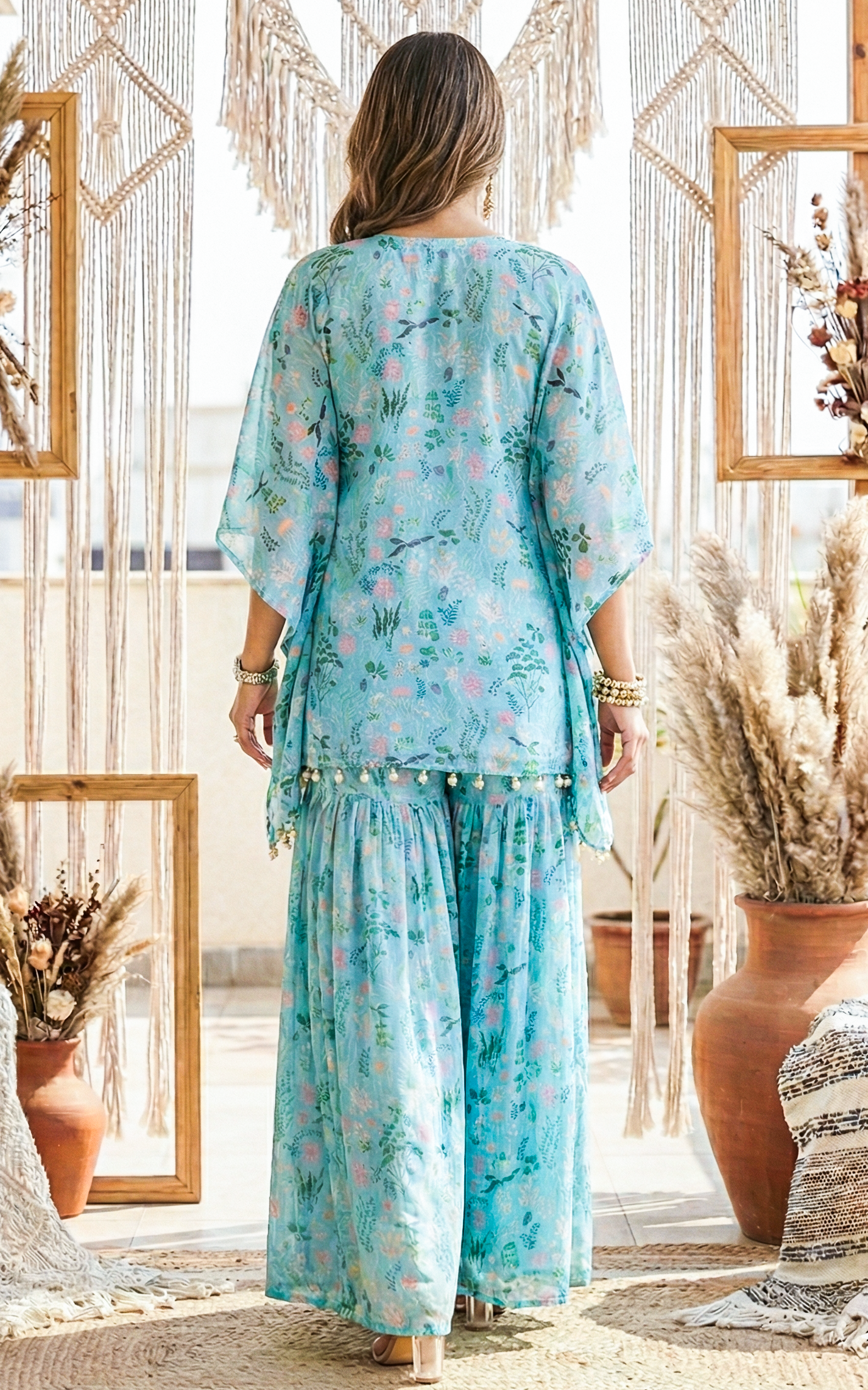 Turquoise Aquatic Kaftan Crop Top Sharara Set