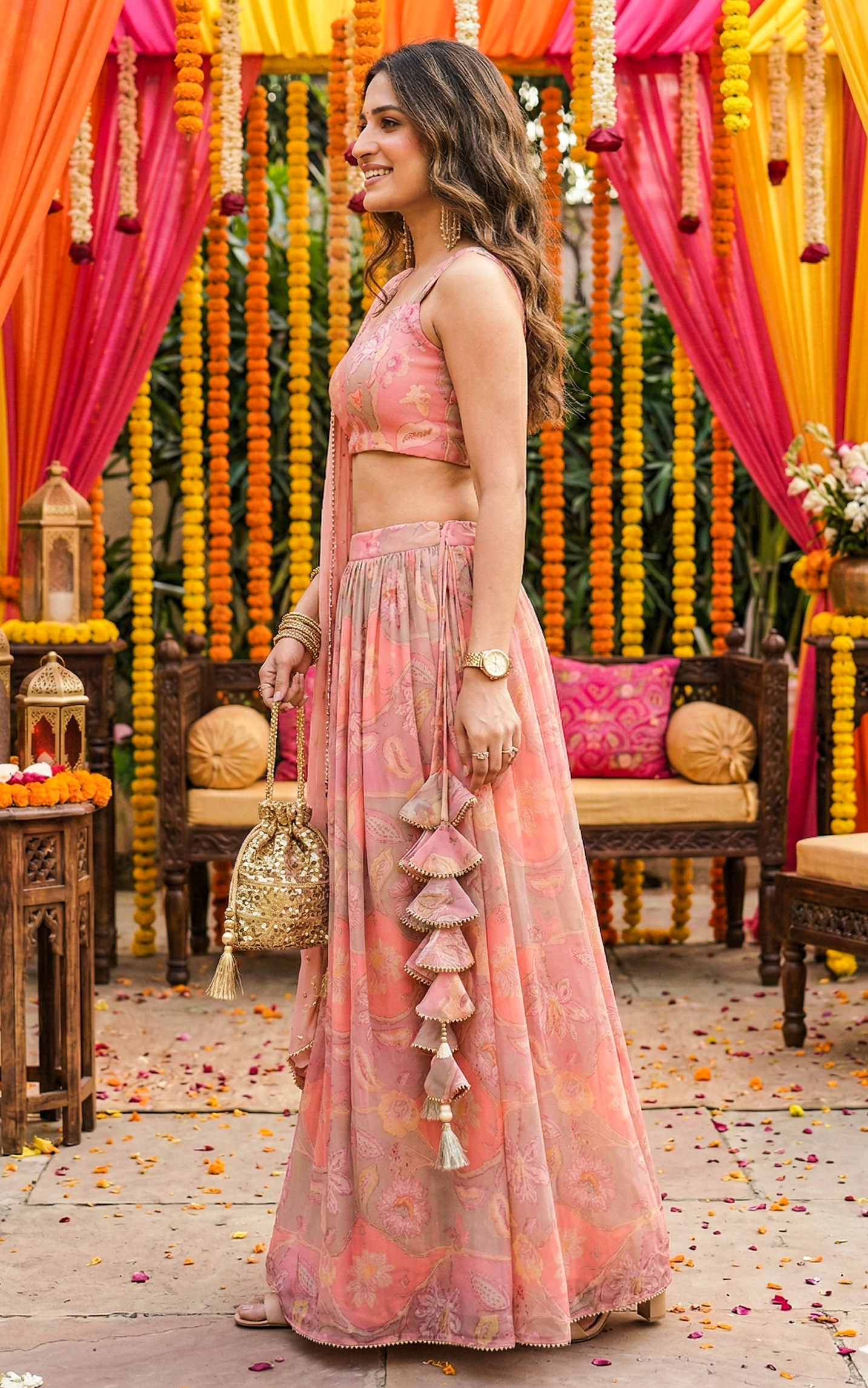 Noopur Vintage Pink Handwork Printed Georgette Lehenga with Embellished Belt